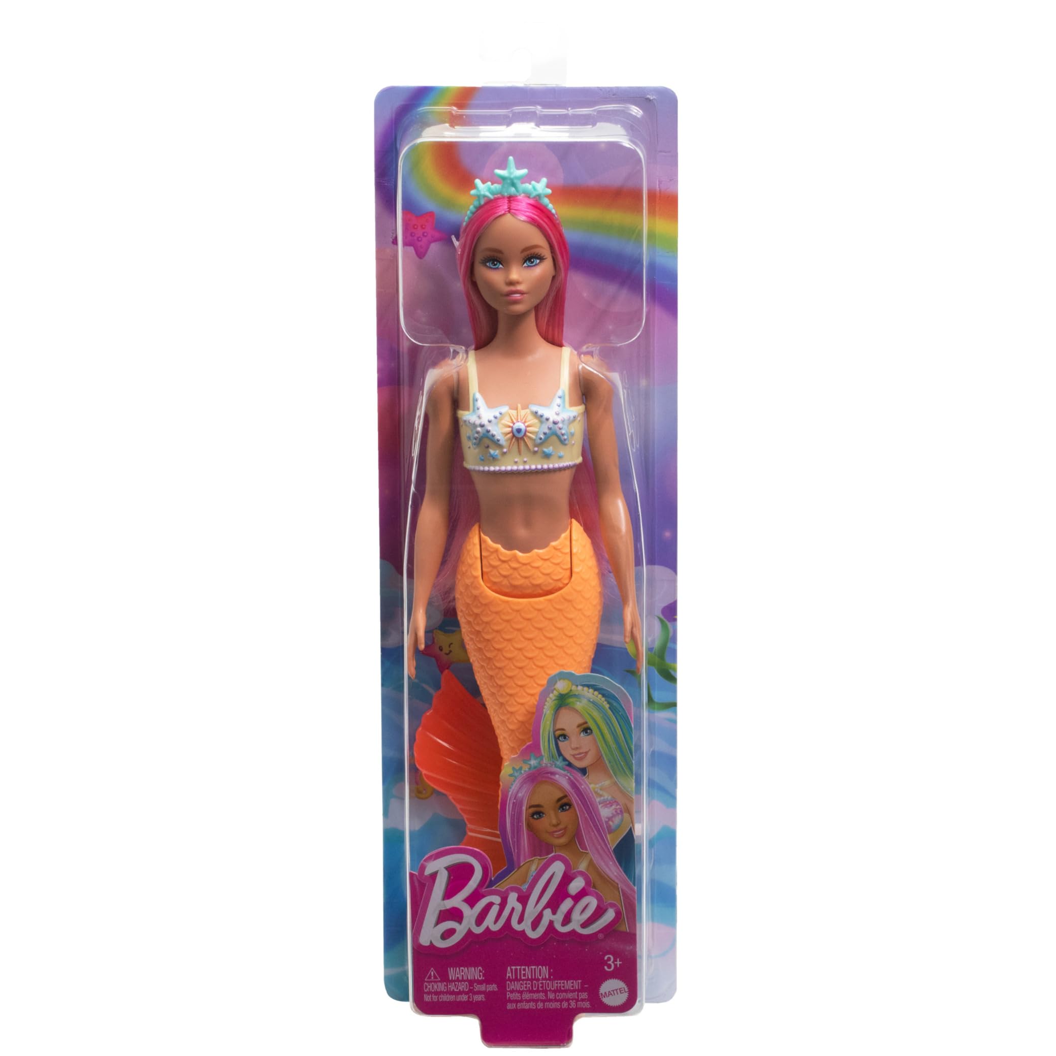 Barbie Mermaid Doll with Pink Fantasy Hair and Headband Accessory, Toy with Starfish-Inspired Bodice and Soft Orange Tail, HRR05 3