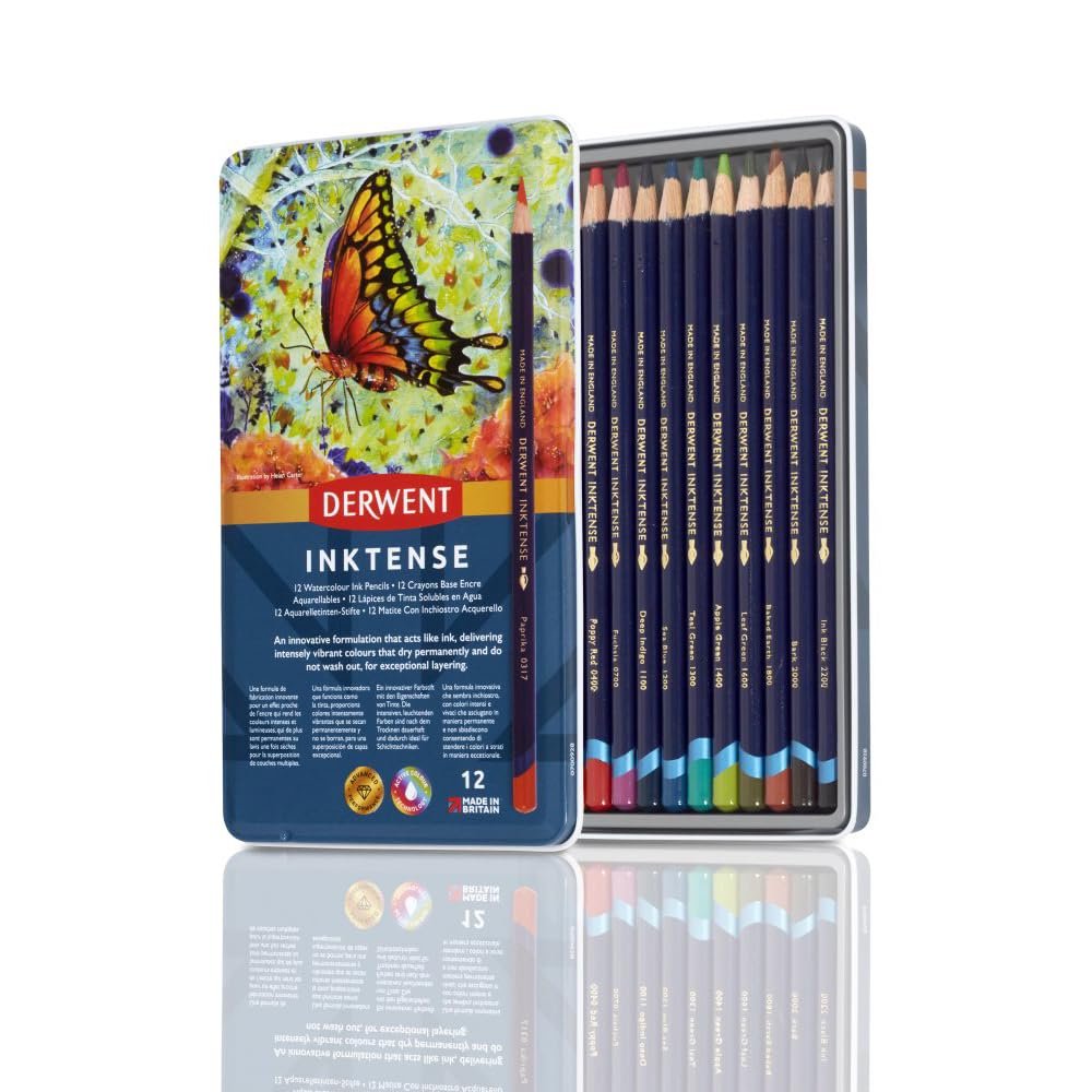 Derwent Inktense Permanent Watercolour Pencils, Set of 12 in a Tin, 4mm Premium Core, Water-Soluble, Ideal for Colouring, Painting and Crafting, Professional Quality (0700928) 1