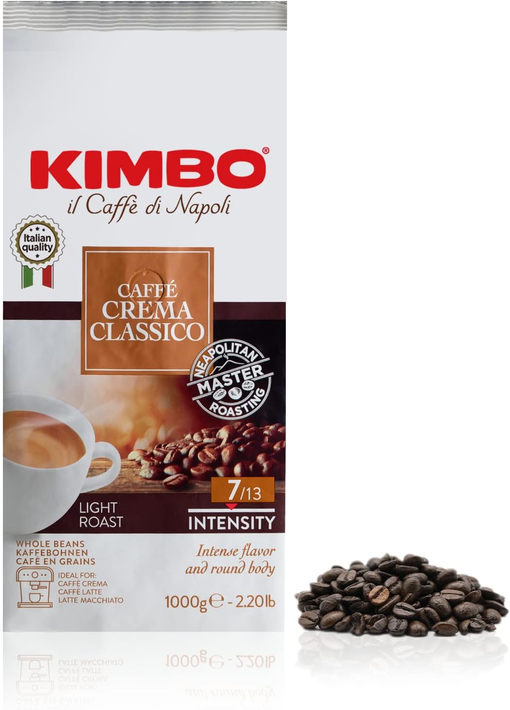 Kimbo Caffè Crema Classico Whole Coffee Beans, Light Roast, 1kg Bag
