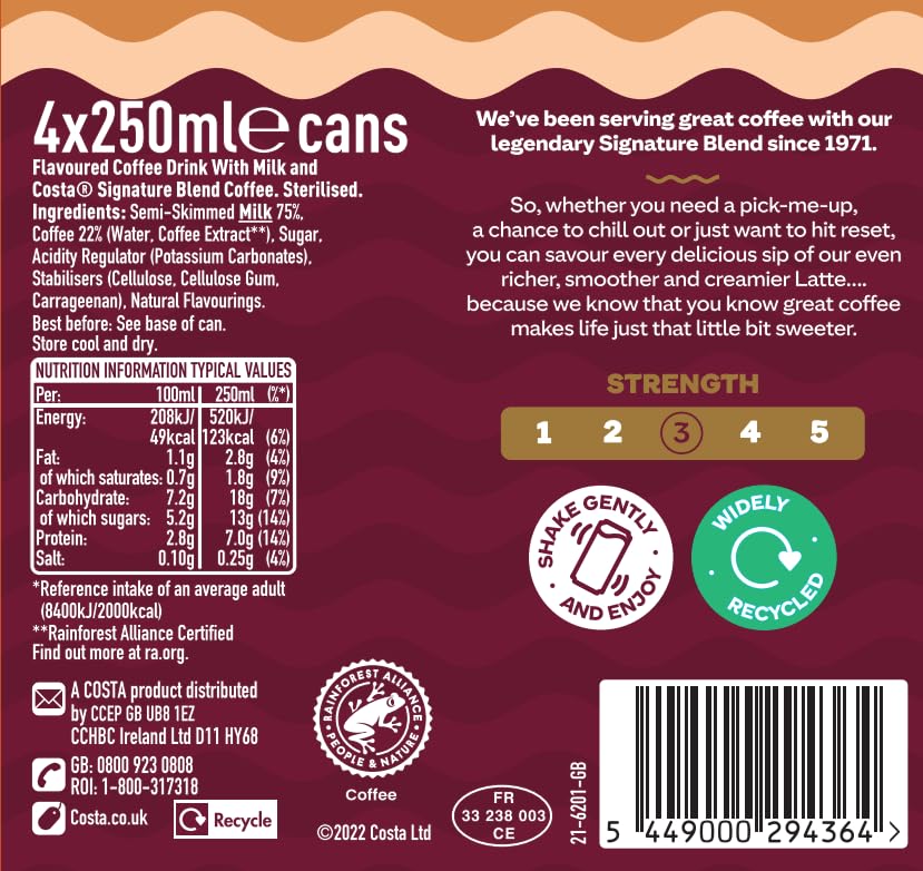 Costa Coffee Latte 4 x 250 ml - Creamy Ready-to-Drink Coffee with Mocha Italia Blend 7