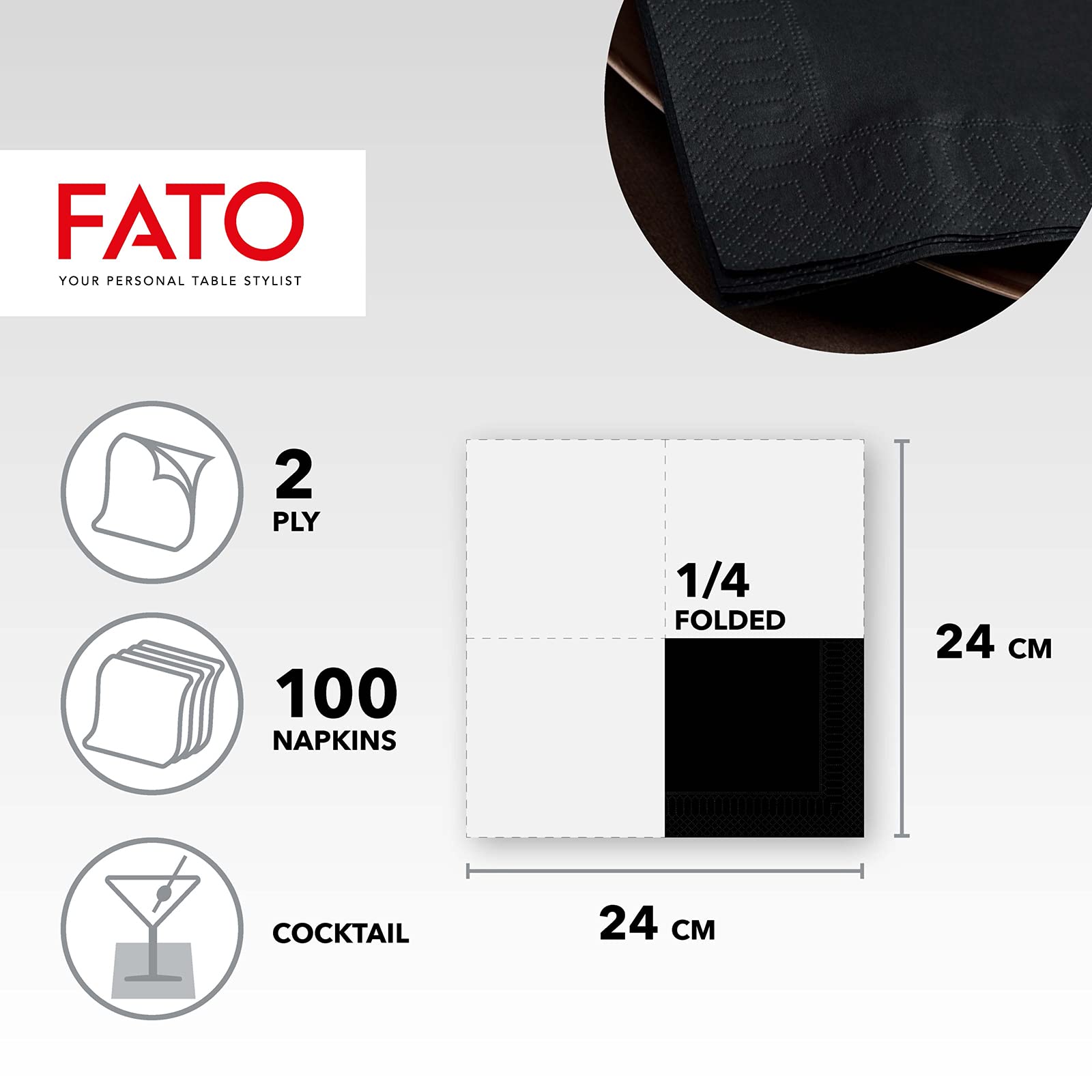 FATO Disposable Paper Napkins - Black, 2-Ply, 24x24 cm (100 Count) 6