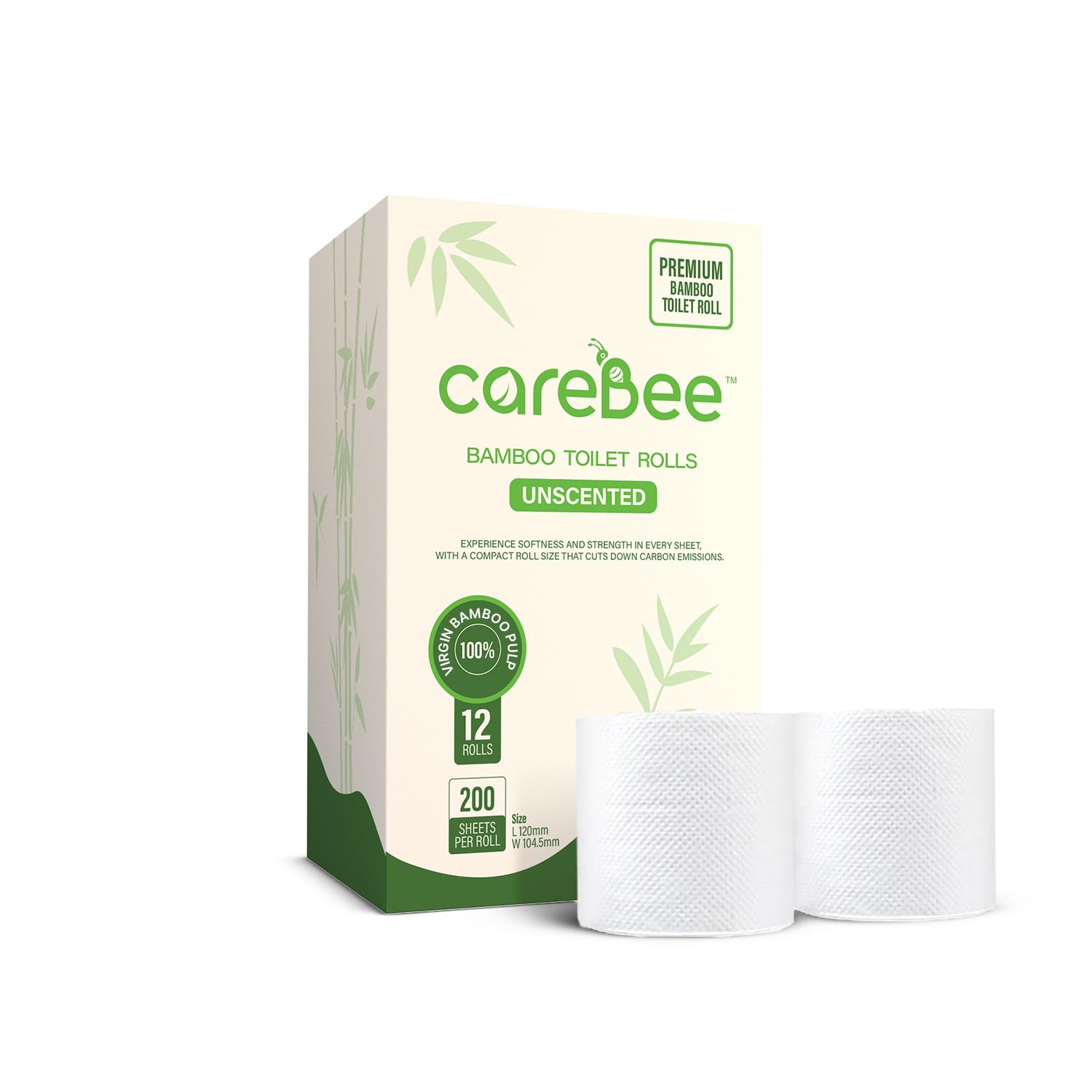 CareBee Bamboo Toilet Rolls - 3-Ply, Unscented, 12 Rolls | Plastic-Free Packaging