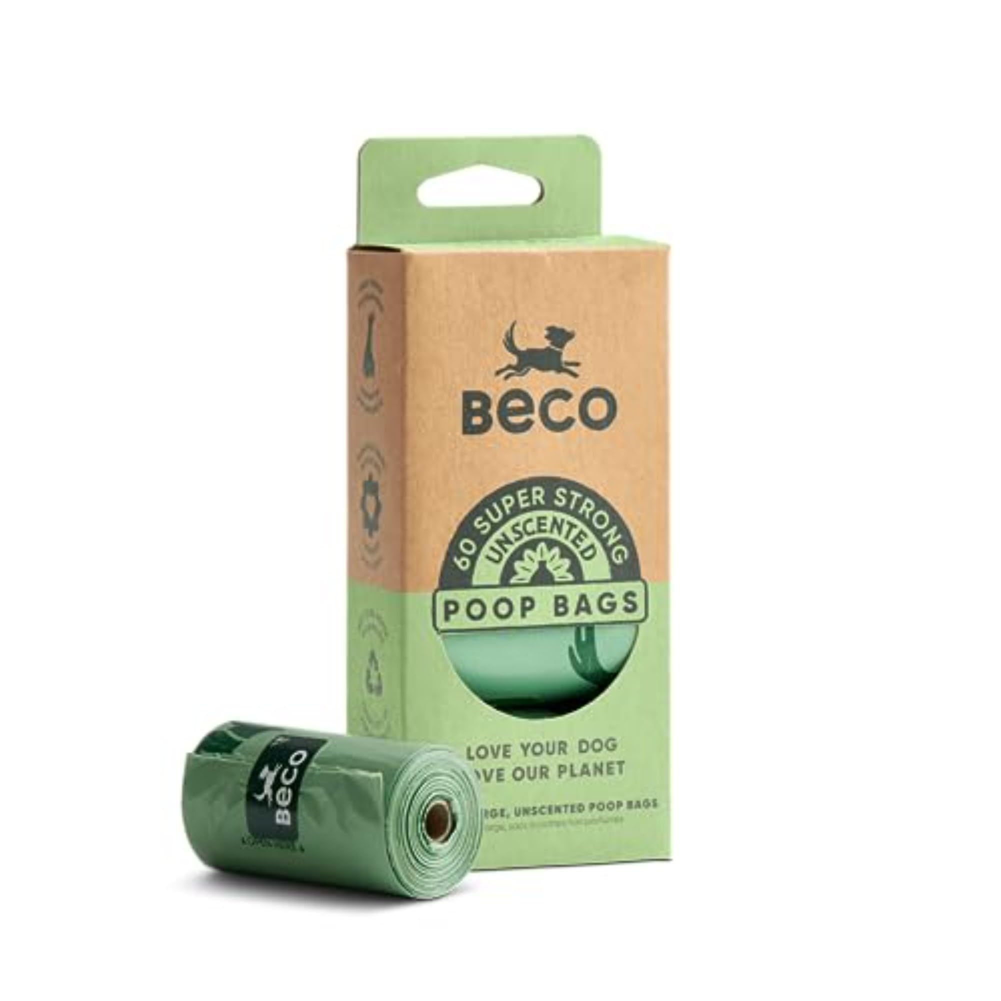 Beco Strong & Large Poop Bags - 60 Unscented Bags (4 Rolls) | 100% Leakproof | Recycled Plastic