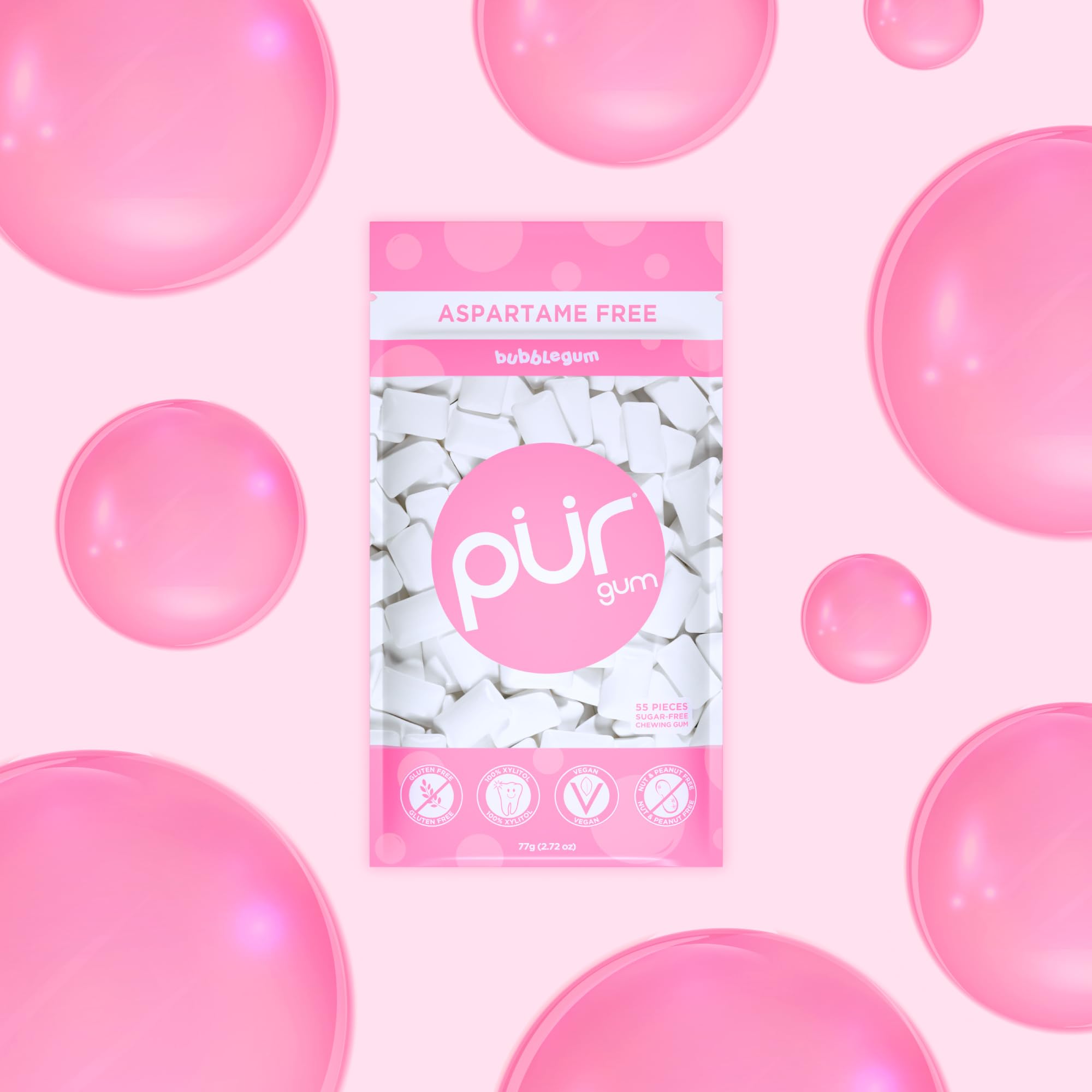 PUR Gum - Natural Bubblegum Flavoured Sugar-Free Chewing Gum (55 Pieces, Pack of 3) 6