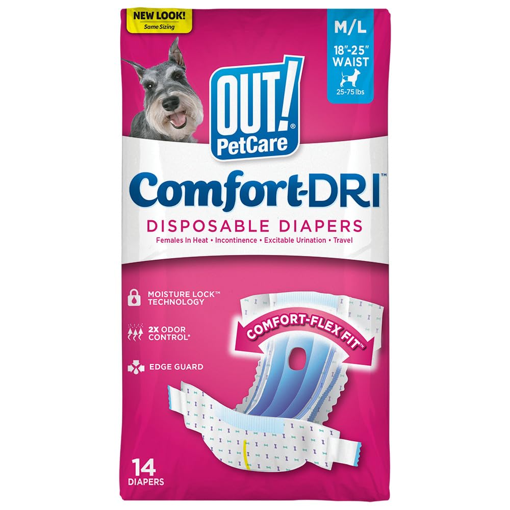 OUT! Disposable Female Dog Diapers - Leak-Proof Fit, Wetness Indicator | 14 Count, Medium/Large