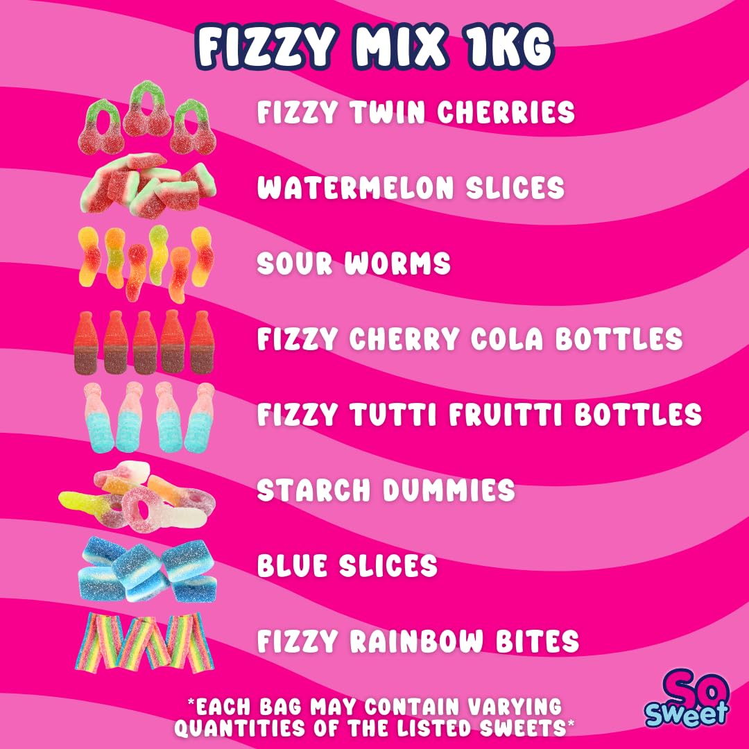 SoSweet Fizzy Sweet Mix – 1 kg spritzige Pick &amp; Mix-Süßigkeiten | Saure Fruchtaromen, Partysüßigkeiten, Leckereien zum Teilen