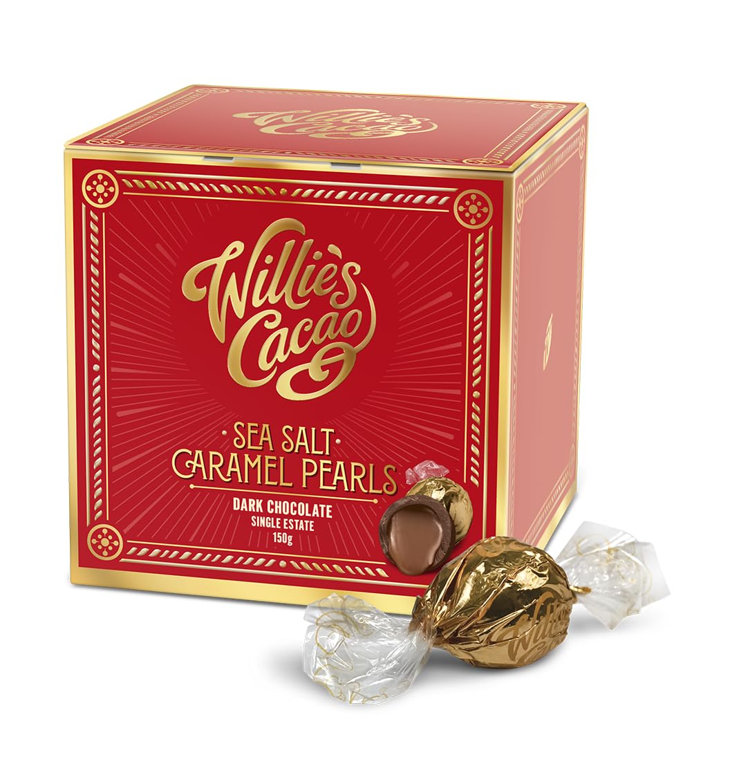 Willie’s Cacao - Dark Chocolate Salted Caramel Pearls 150g – Gift Box of 20 Individually Wrapped Pearls with Molten Sea Salt Caramel