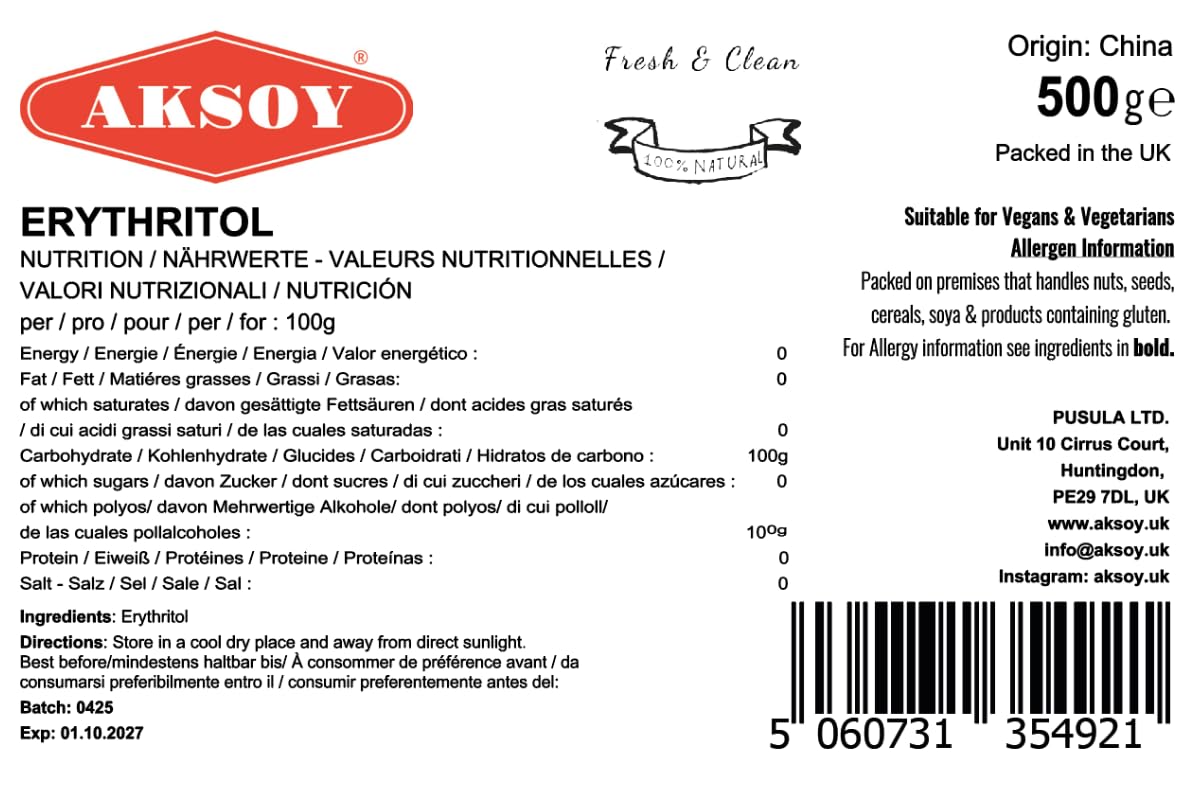 AKSOY Erythritol Granulated Sugar Substitute - Zero Calorie, 100% Natural, 500g