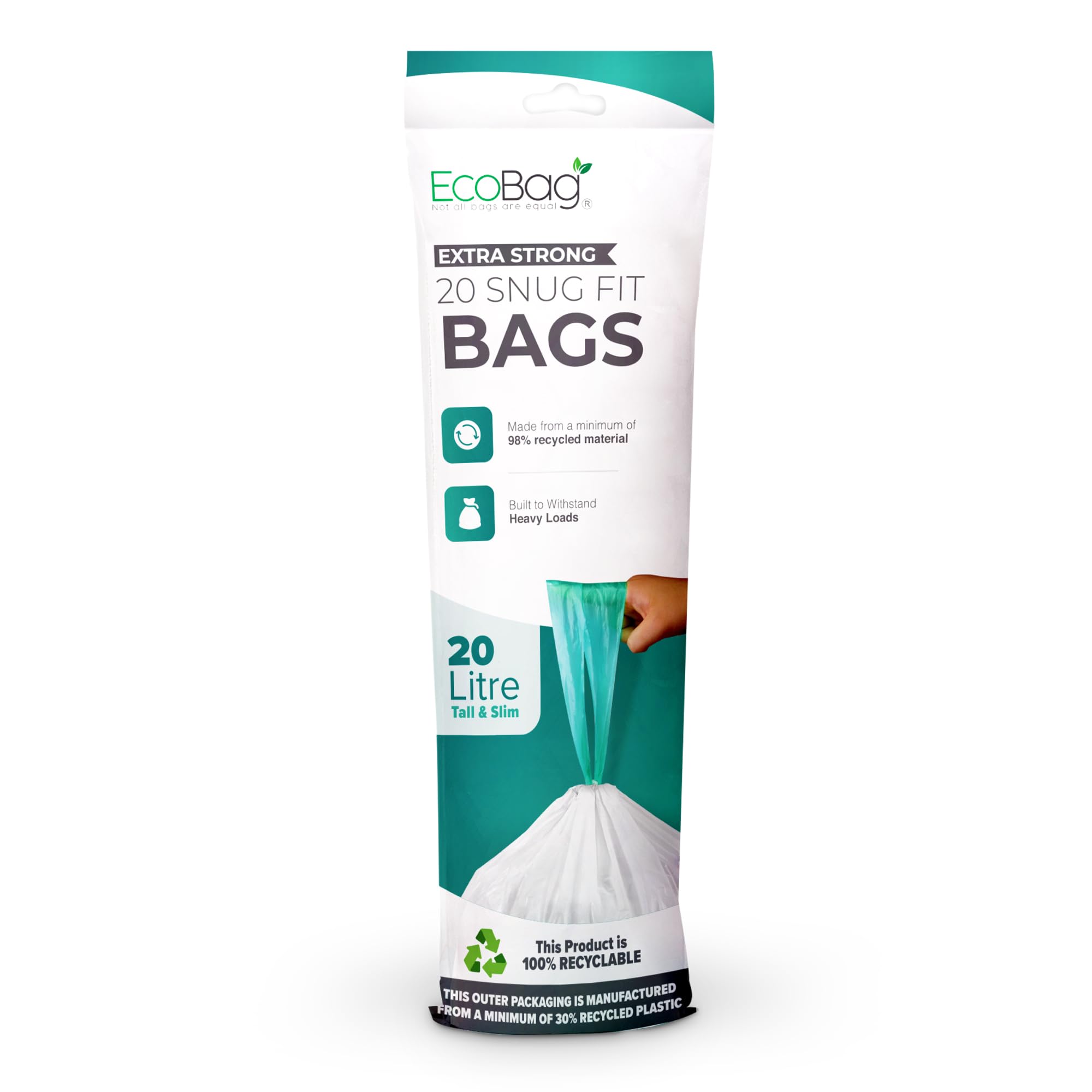 EcoBag 20L Drawstring Bin Liners - 20 Pack | Extra Strong | 24 Microns | White