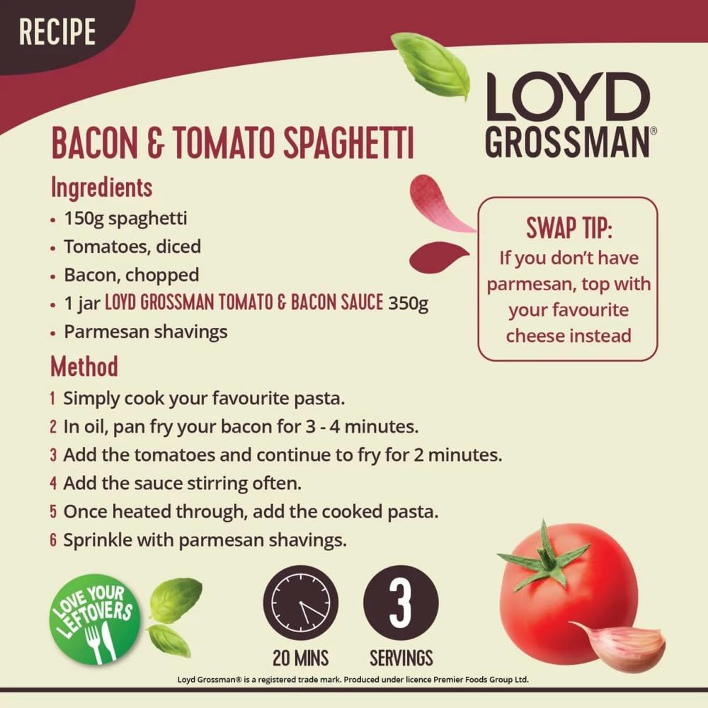 Loyd Grossman Italian Tomato & Smoked Bacon Sauce – Rich Tomato Base with Smoked Bacon & Red Chilli, 350g 5