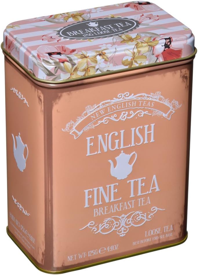 New English Teas - Floral Tea Tin with 125g Loose-Leaf English Breakfast Tea