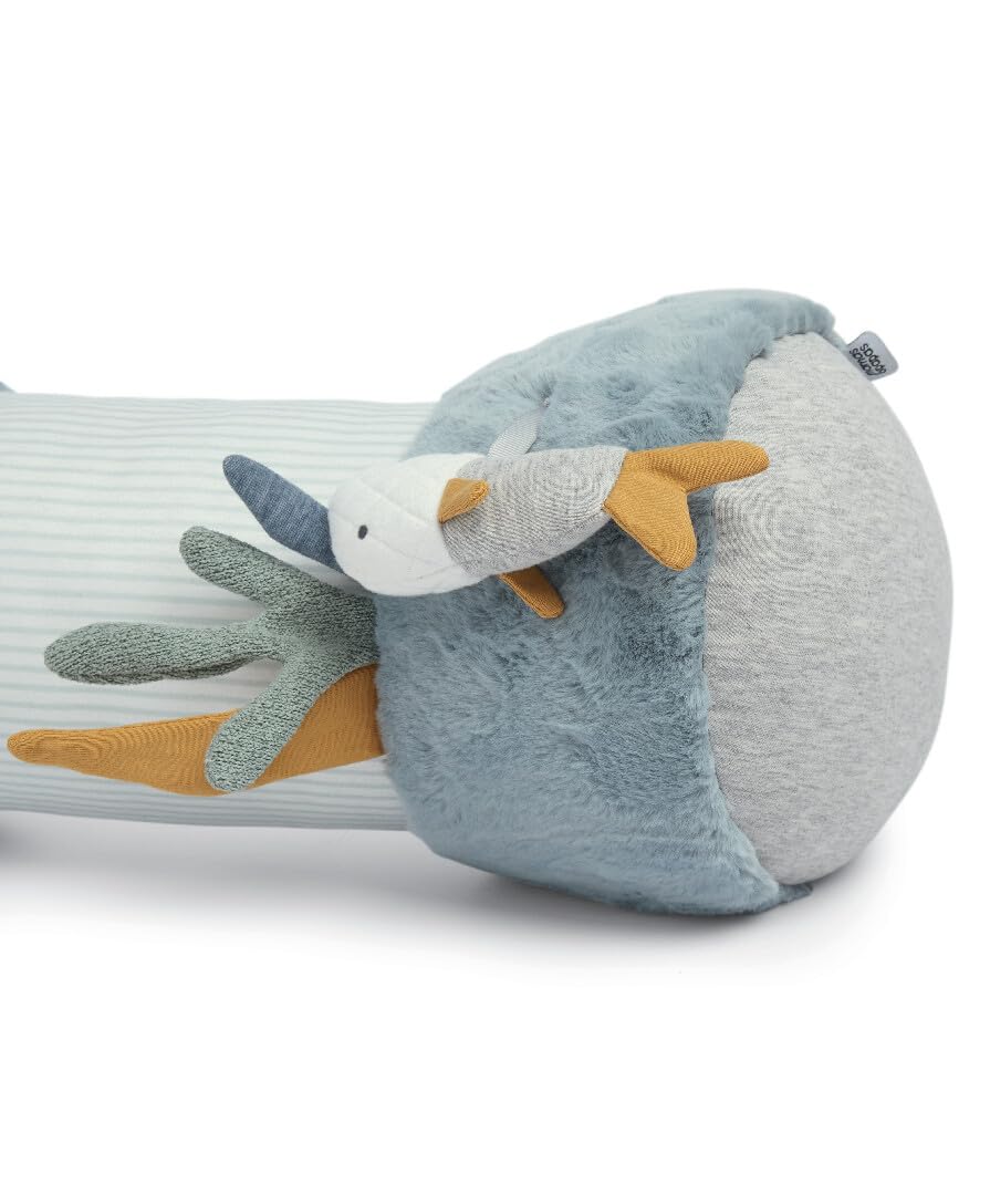 Mamas & Papas - Tummy Time Roll Interactive Soft Baby Pillow with Rattle, Welcome to The World, Blue 5