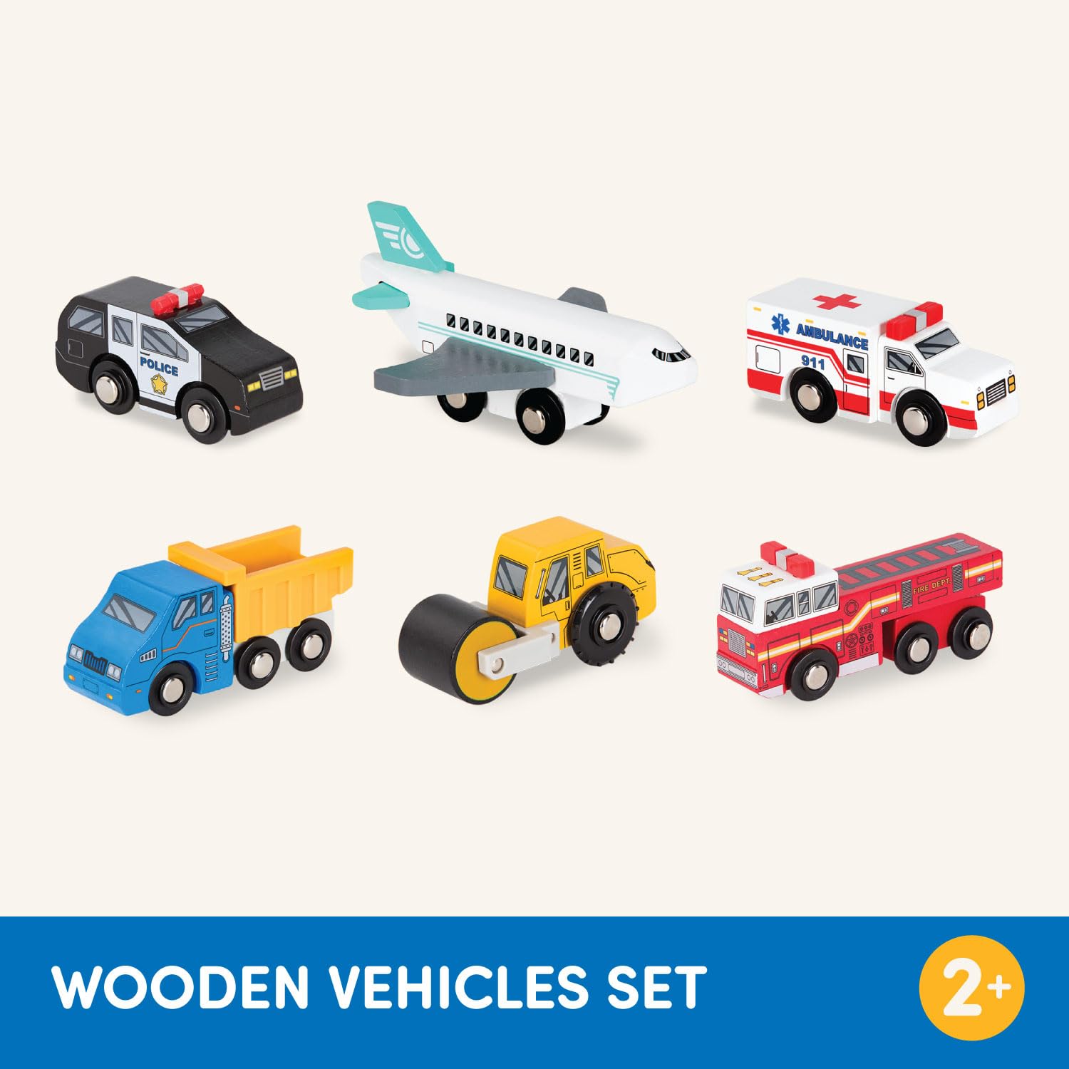 Battat Wooden Vehicles Set - 6pc Rescue & Construction Toy Cars for Kids 8