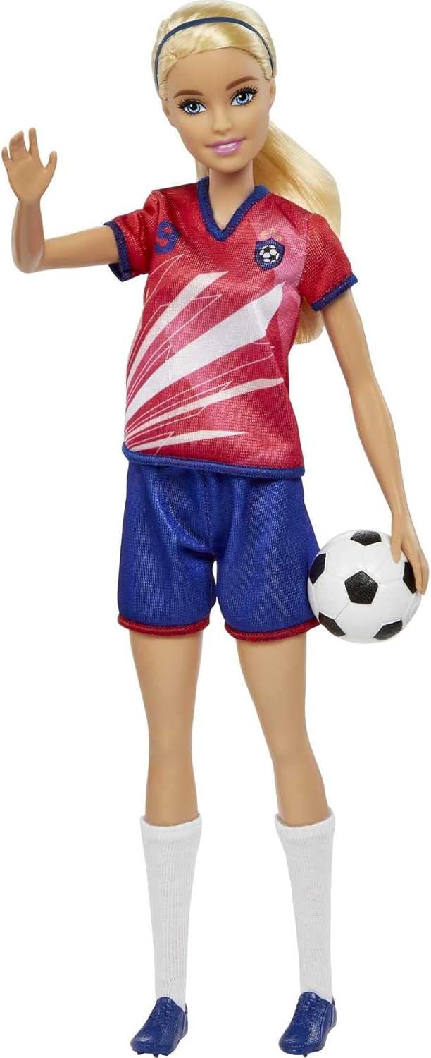 Barbie Soccer Doll - Blonde Ponytail, #9 Uniform, Soccer Ball & Cleats, Ages 3+ 4