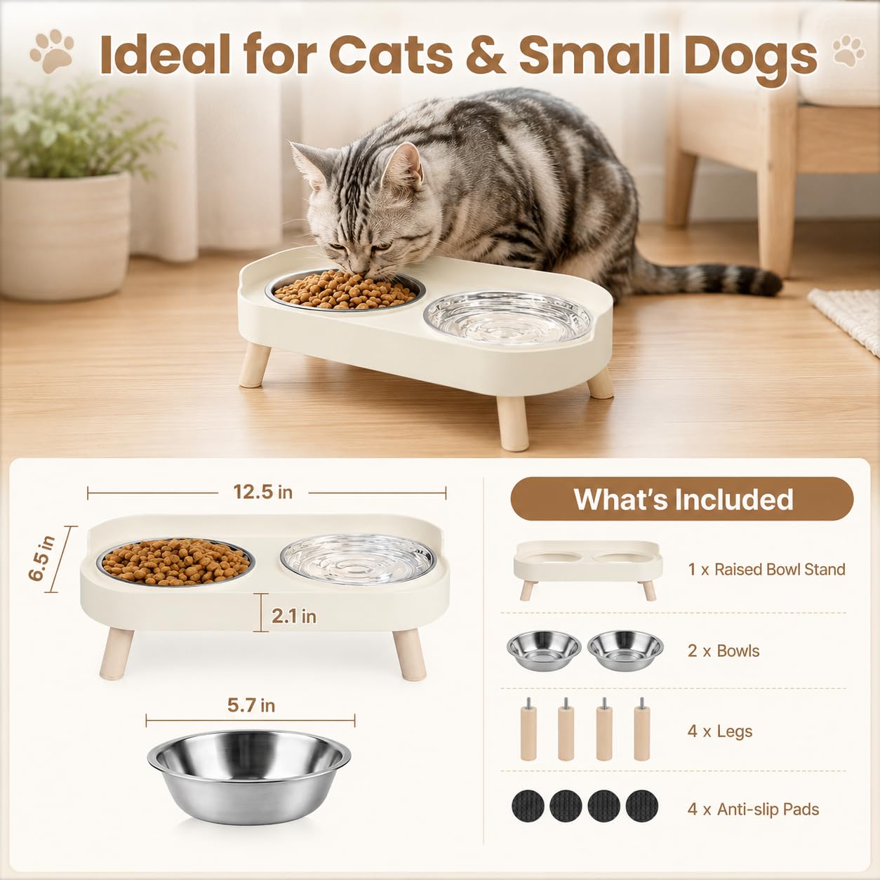 JADUFHU Raised Cat Food Bowls - Dual Stainless Steel Bowls, Splash Proof Design | White 2
