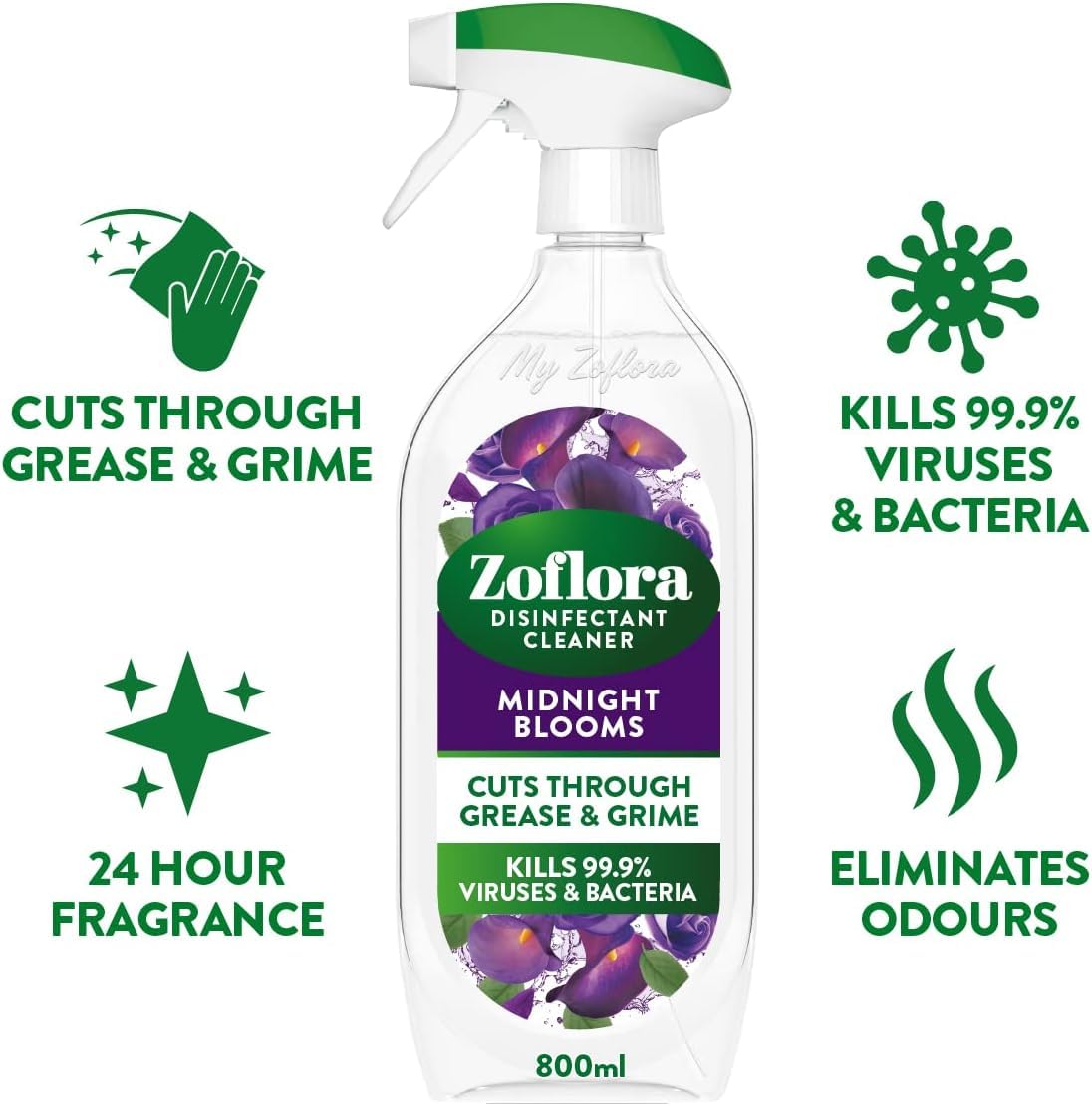 Zoflora Midnight Blooms Multipurpose Cleaner Trigger Spray - Kills 99.9% of Viruses & Bacteria | Cuts Through Grease & Grime | 800ml 2