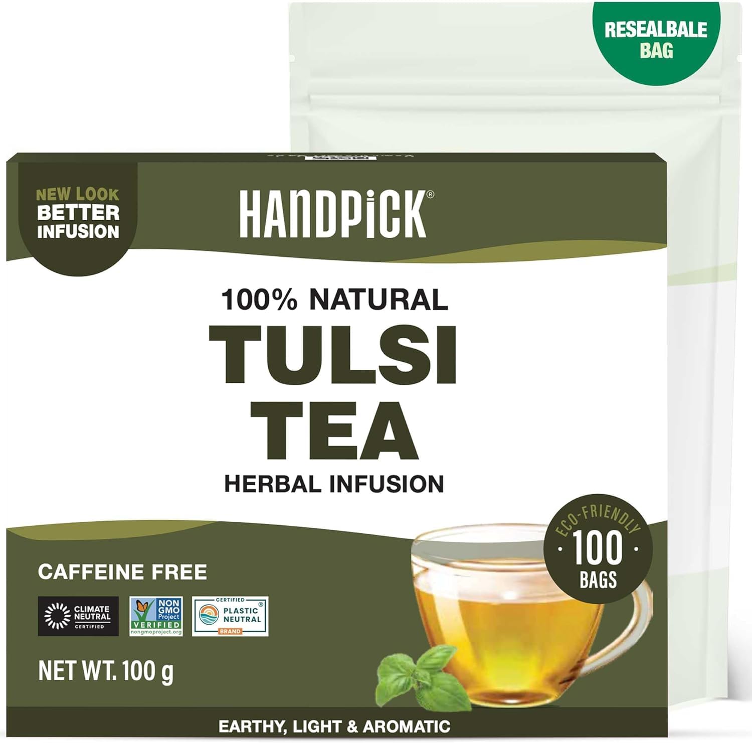 HANDPICK Holy Basil Tea Bags (100 Count) Caffeine-Free, Non-GMO Tulsi Leaves Herbal Tea