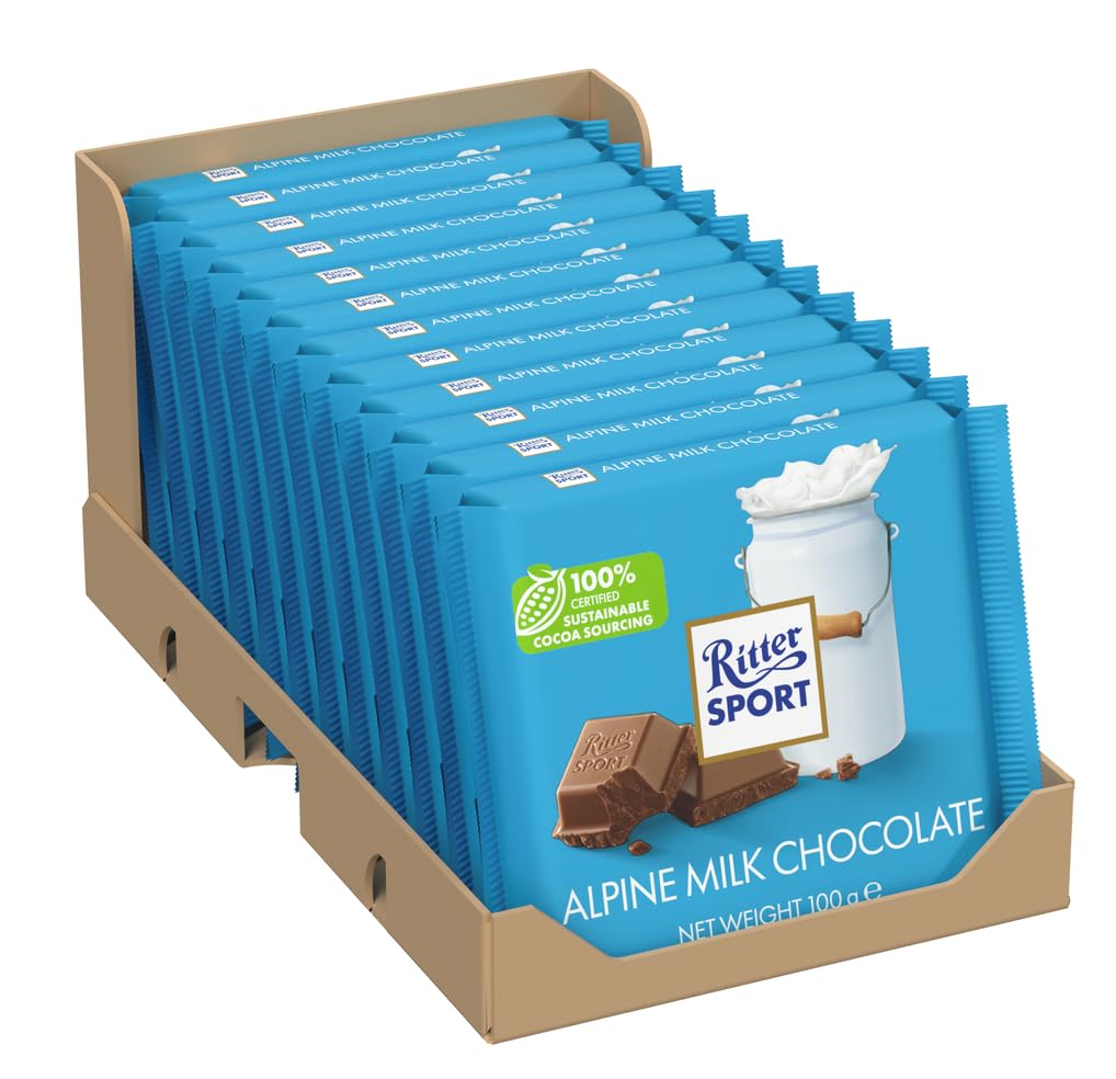 Ritter Sport - Alpine Milk Chocolate Blocks & Bars (Pack of 12, 100g Each)