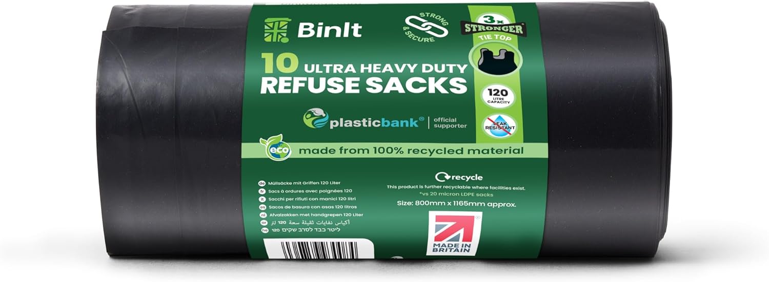 BIN IT 10 Tie Top Ultra Heavy Duty 120L Refuse Sacks - 60μm Recycled LDPE Bin Bags