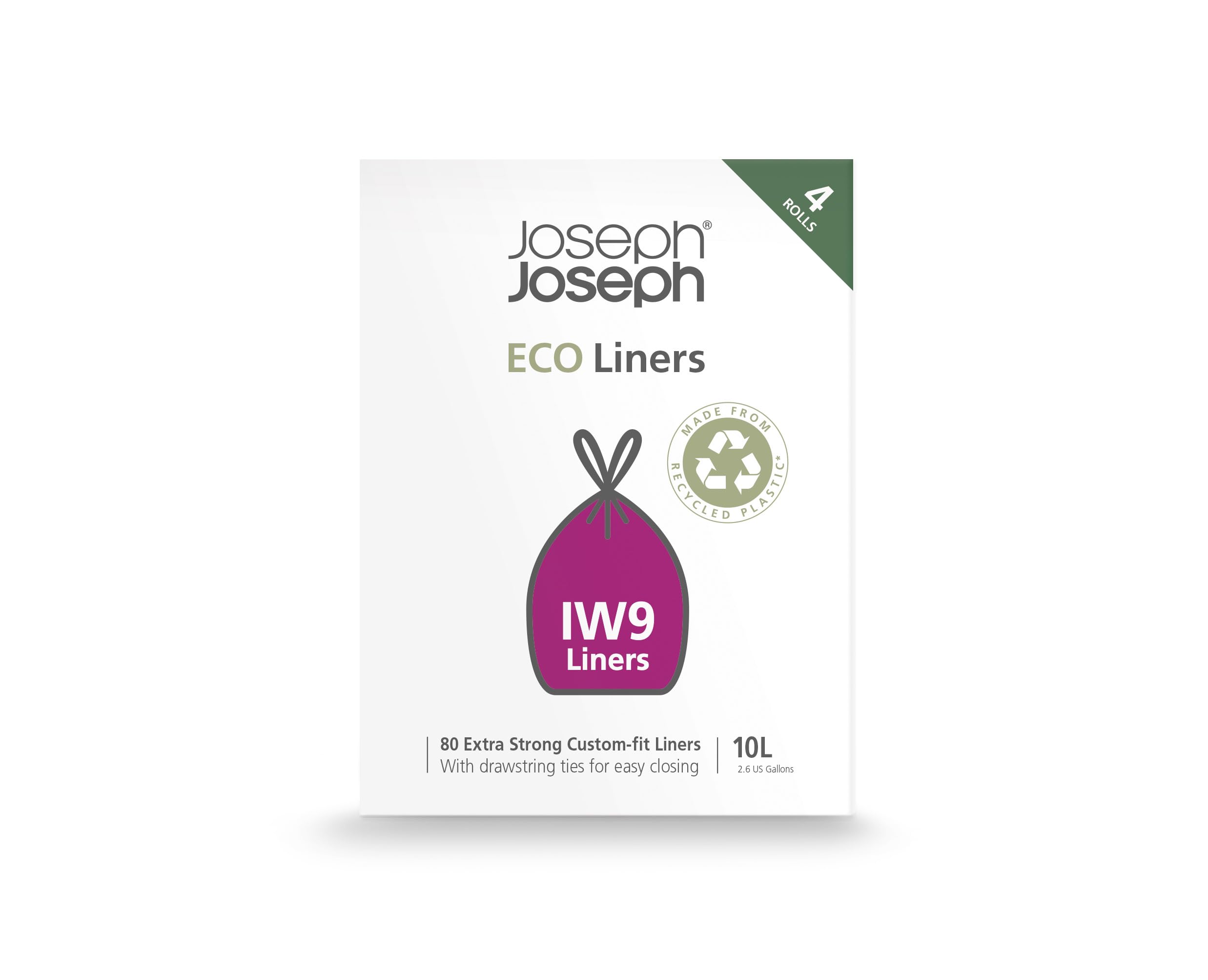 Joseph Joseph Eco IW9 Recycled Bin Liners, 80-Pack, 10L, Grey, Extra Strong with Tie Tape Drawstring