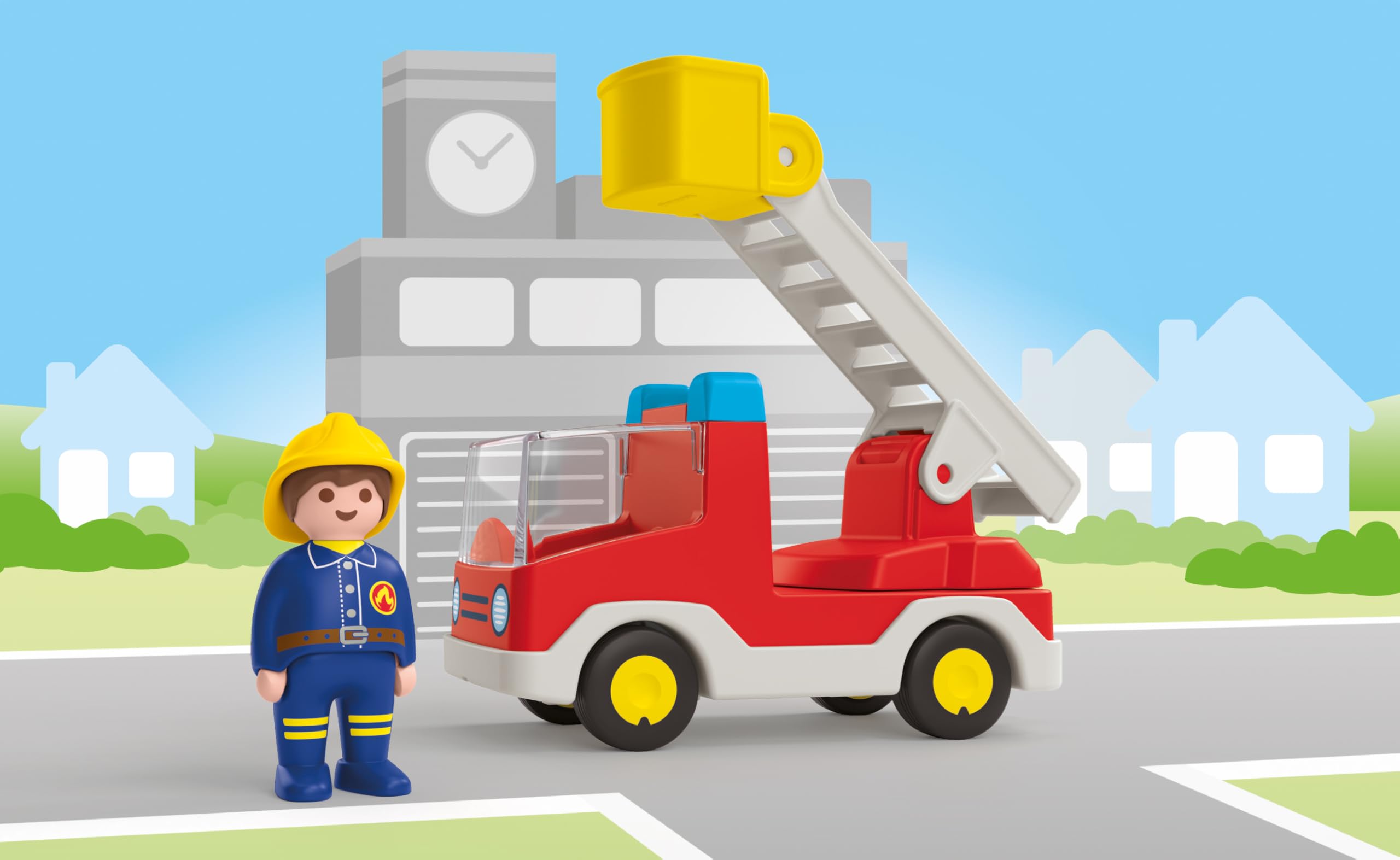 PLAYMOBIL 71683 JUNIOR Ladder Unit Fire Truck - 360° Swiveling Ladder Rescue Vehicle for Toddlers 6