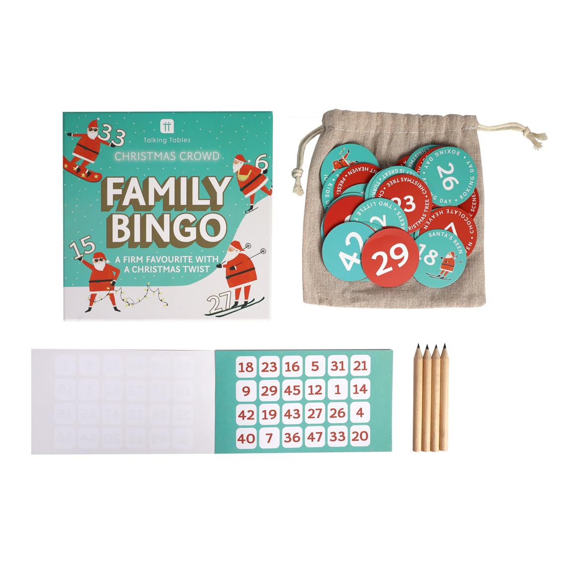 Talking Tables Posing Santa Bingo Game, 100 Sheets Score Pad, Christmas Family Card Game