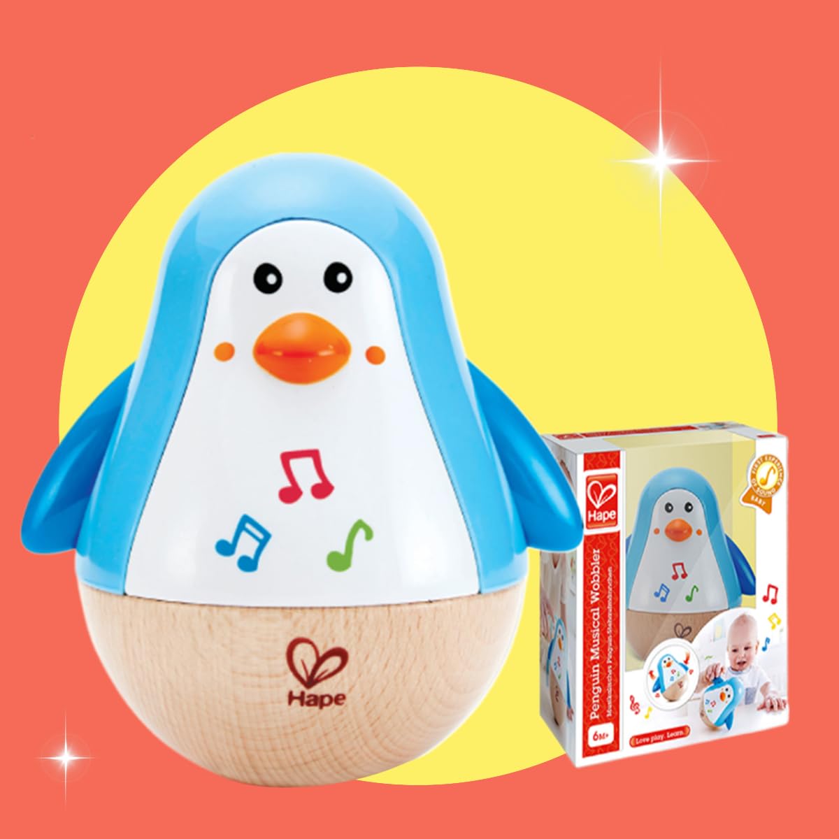 Hape Penguin Musical Wobbler - Roly-Poly Wood Toy with Soothing Tinkling Sounds for 6 Months+ 7