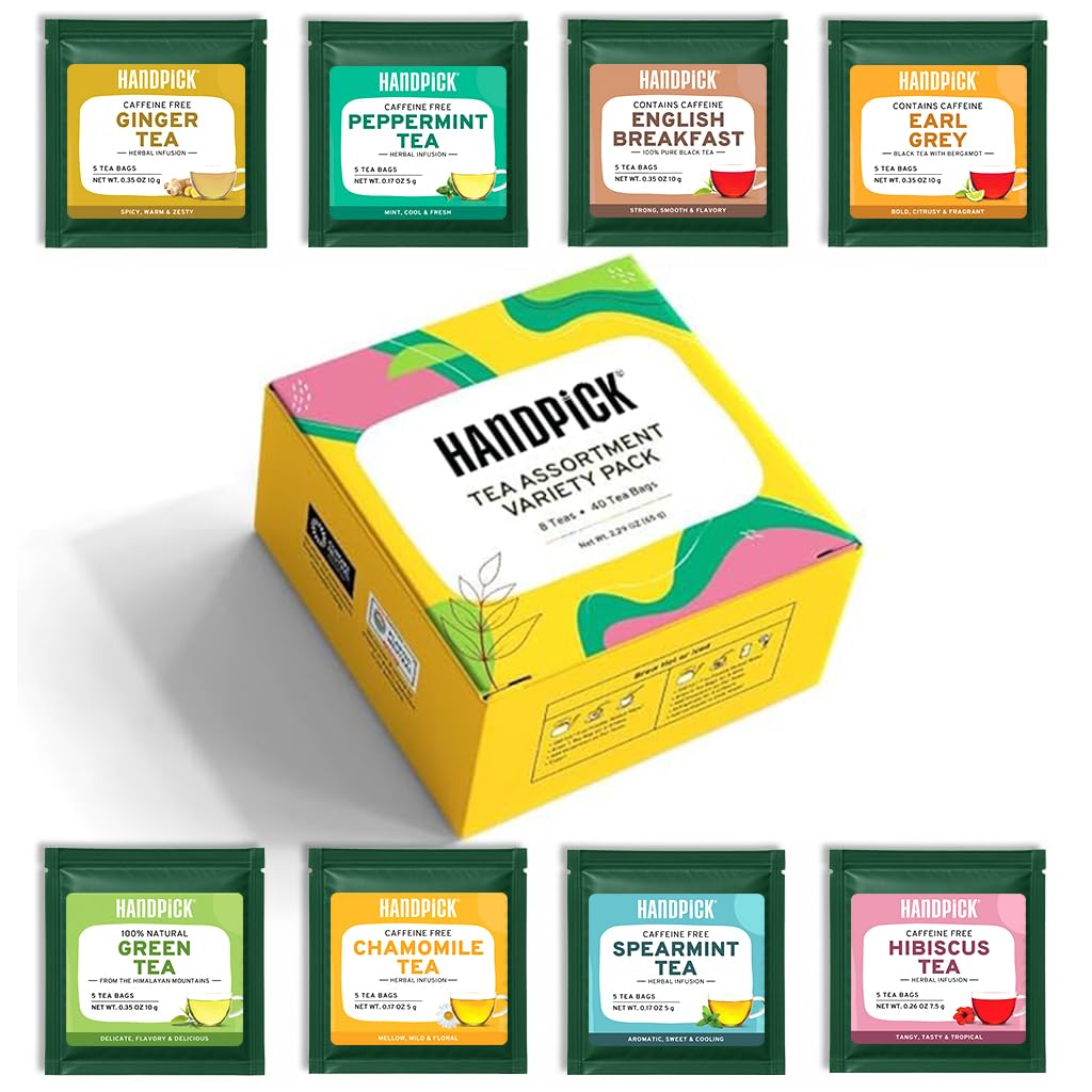 HANDPICK Tea Bags Sampler Assortment Variety Pack - 8 Flavors, 40 Tea Bags - Gift Box