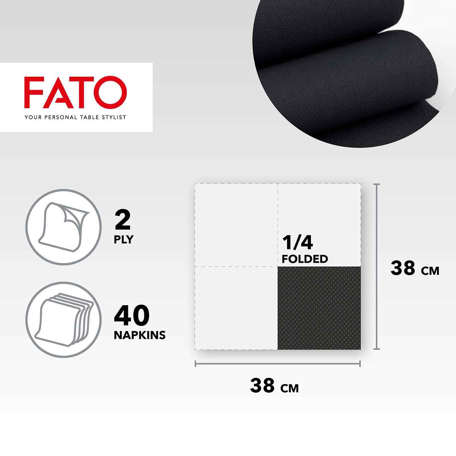 Fato Black 38x38 cm Soft & Durable 2-Ply Disposable Paper Napkins, Pack of 40