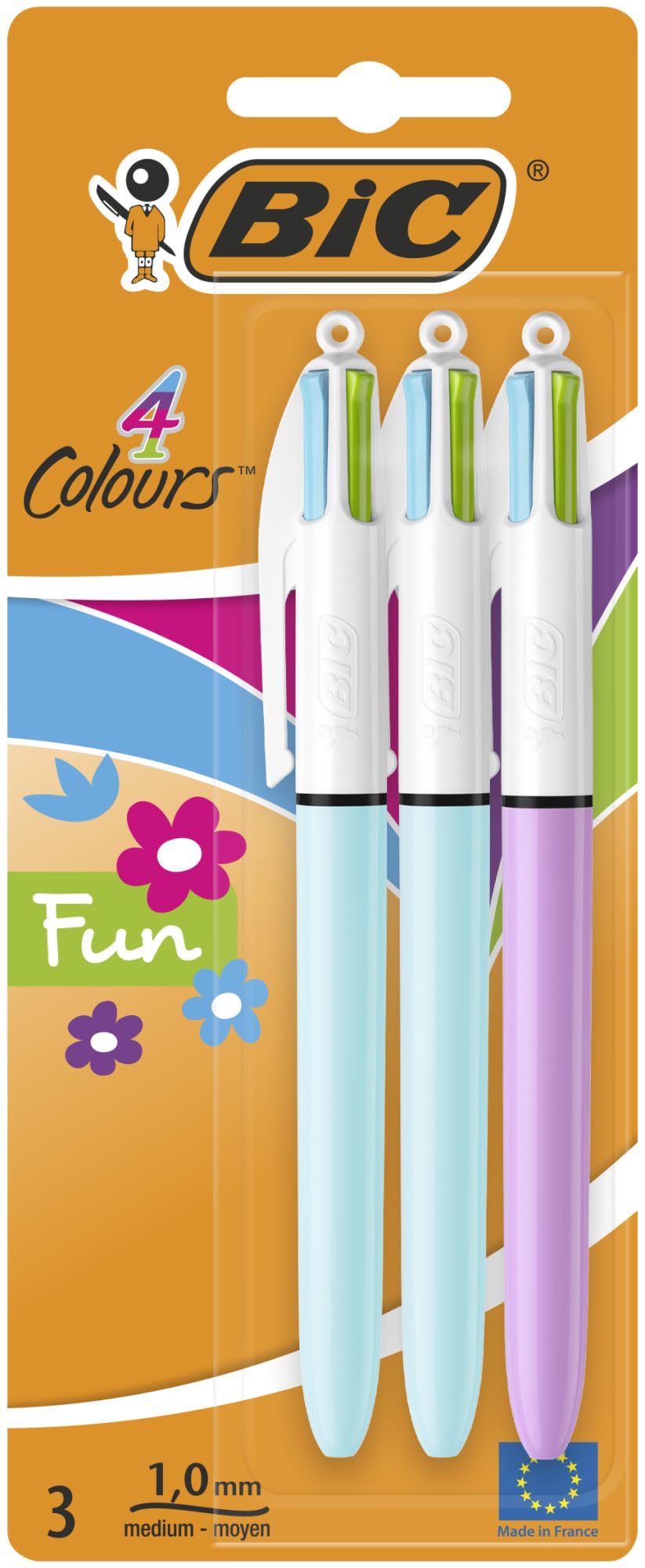 BIC 4 Colours Fun Retractable Ballpoint Pens - 4 Ink Colours, Medium 1.0 mm Point, Pack of 3