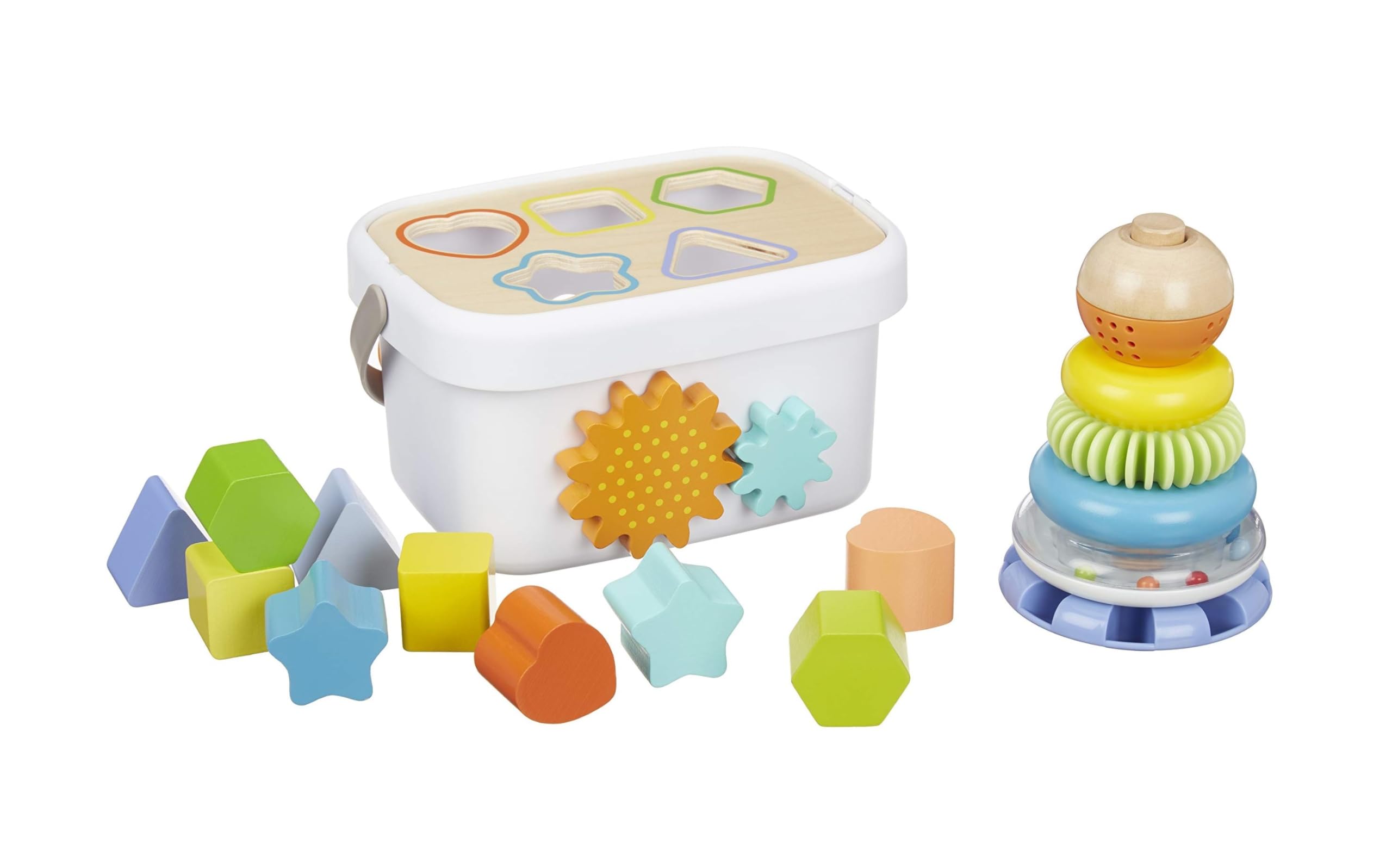 Amazon Basics Shape Sorter and Rainbow Stacker Classic Baby Toy Set | Wood and Plastic Construction | Multicolor 1
