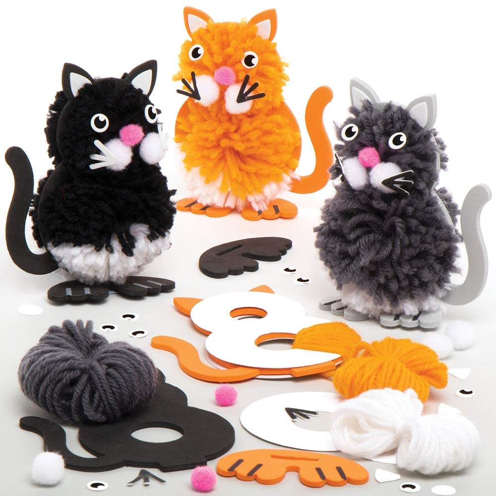 Baker Ross AT837 Cat Pom Pom Craft Kit - Pack of 3, Wool Yarn Art & Craft Activity for Kids