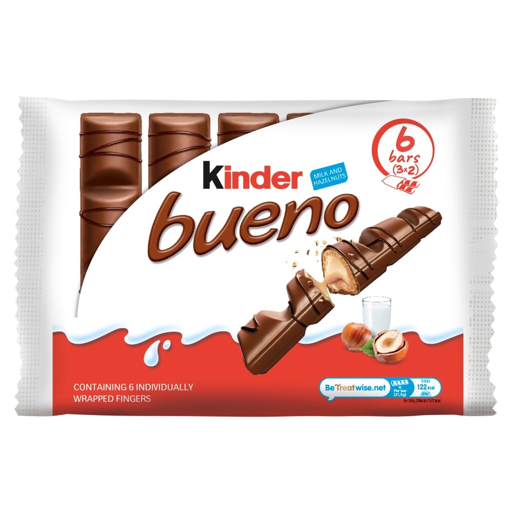 Kinder Bueno Classic Chocolate Snack Bar - Milk Chocolate with Hazelnut Filling, 6 Individually Wrapped Bars