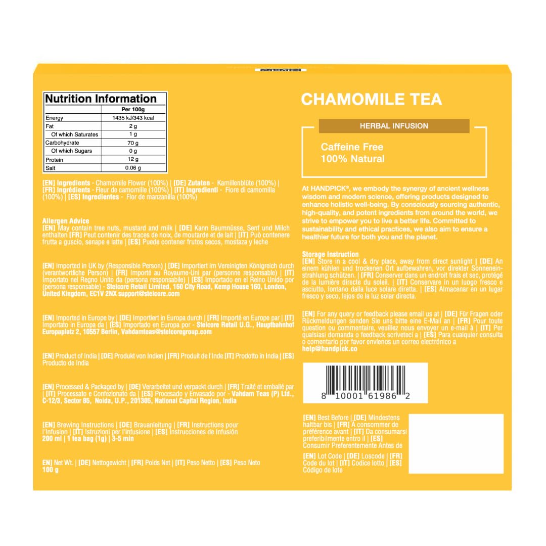 HANDPICK Chamomile Tea Bags (100 Herbal Tea Bags) Caffeine Free | Floral