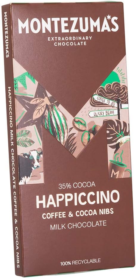 Montezuma's Happiccino, 35% Cocoa, Milk Chocolate With Coffee & Cocoa Nibs, Glut