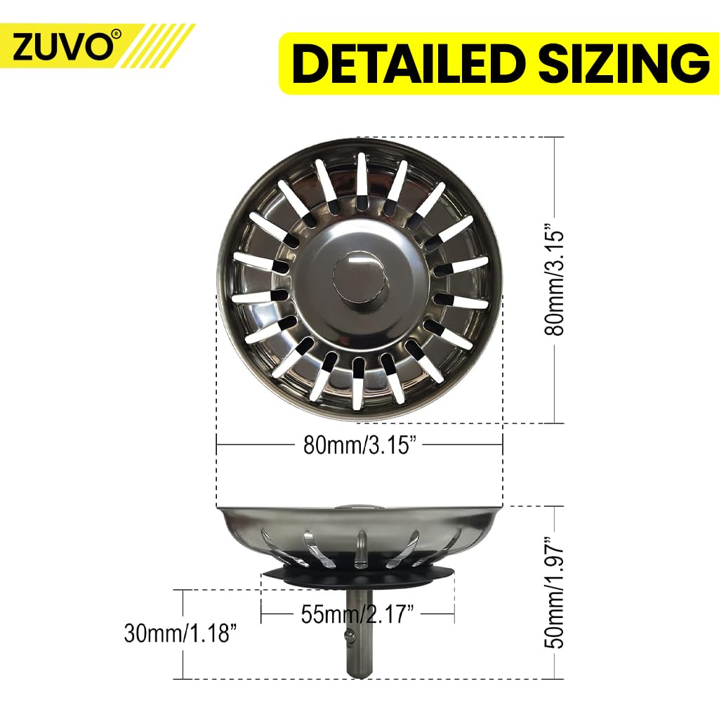 Zuvo 78 mm Edelstahl-Siebstopfen für Küchenspüle, Ersatz 3