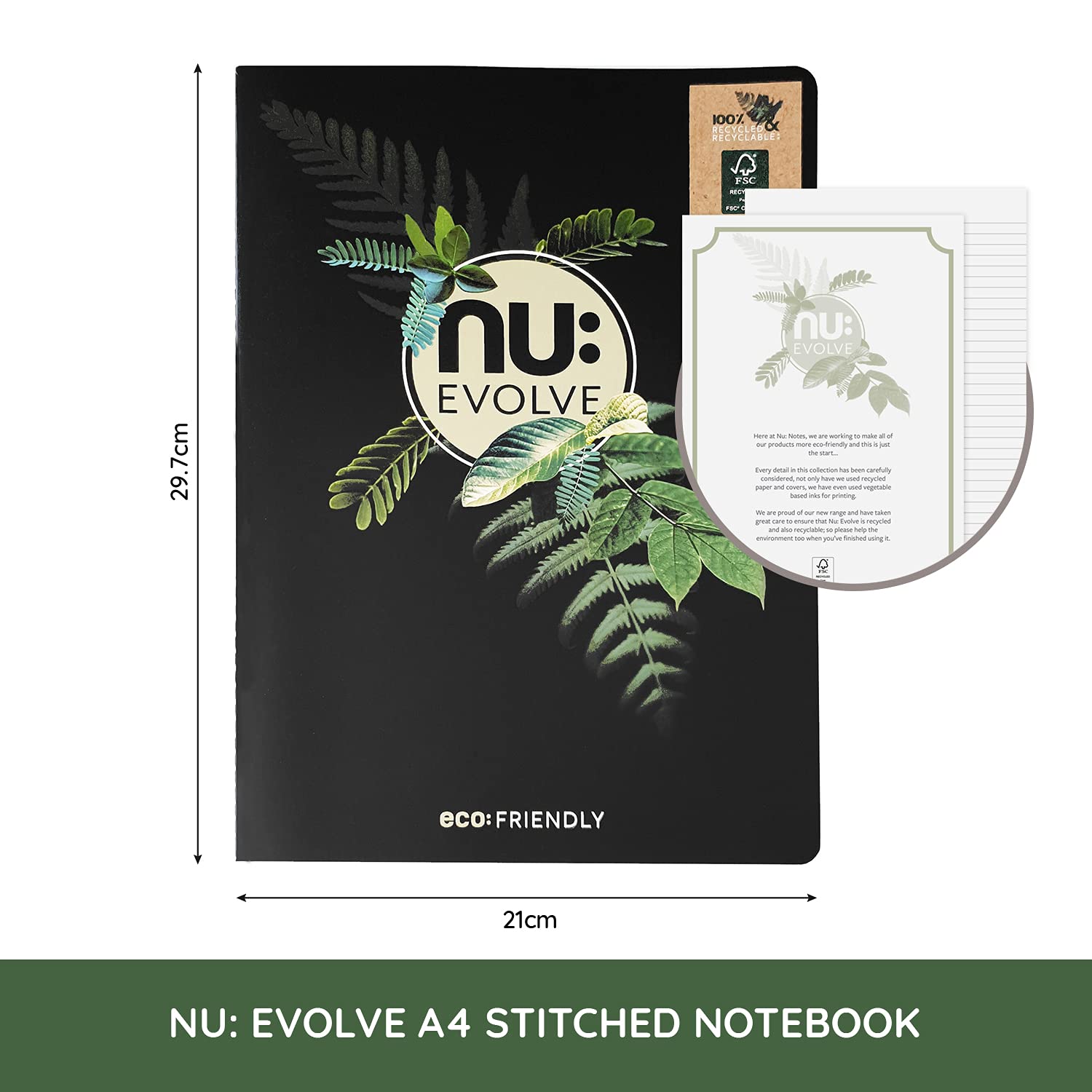 nu: Evolve A4 Stitched Notebook | Recycled FSC Paper | Ruled | Soft Cover | Black