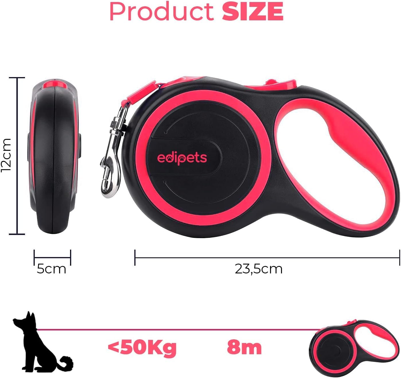 Edipets Extendable Dog Leash - Retractable Nylon Lead | 8 Metres | Pink 4