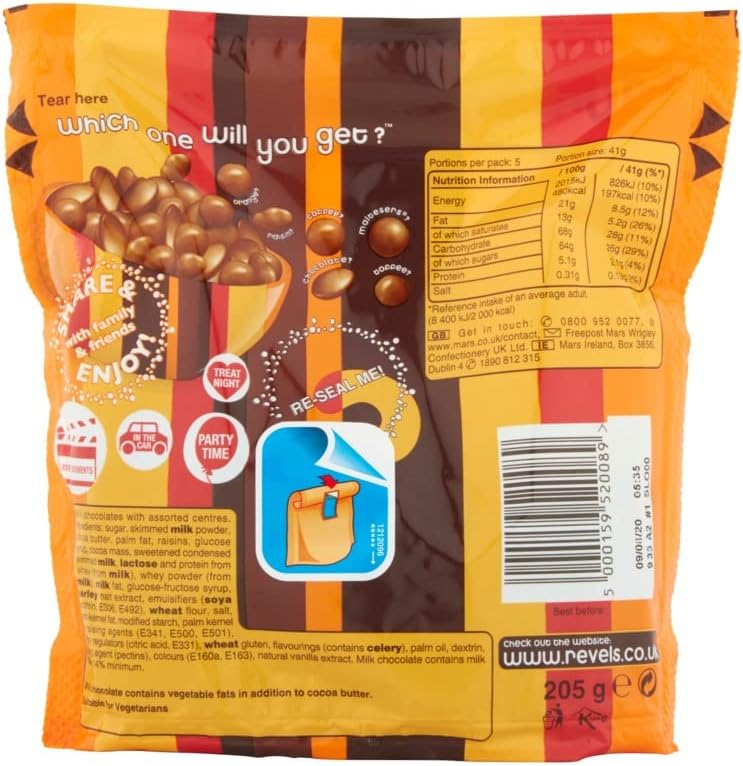 Revels Chocolate Pouch, 205g - Variety Pack of Bitesize Chocolates