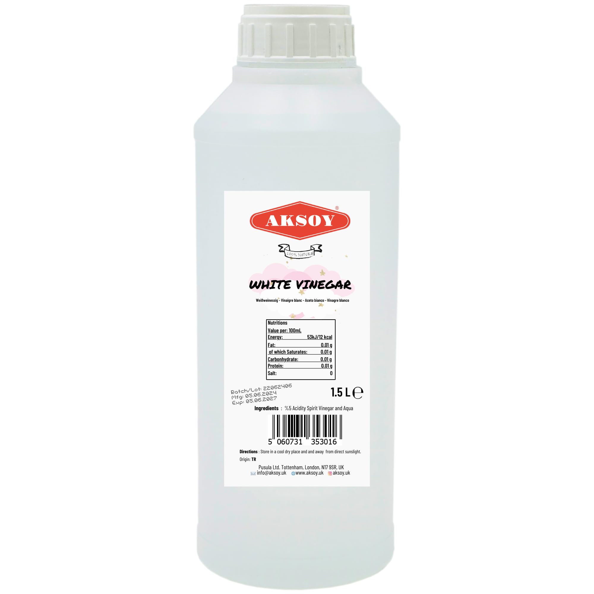 Aksoy Distilled White Spirit Vinegar 1.5L - Ideal for Cooking, Pickling & Natural Cleaning