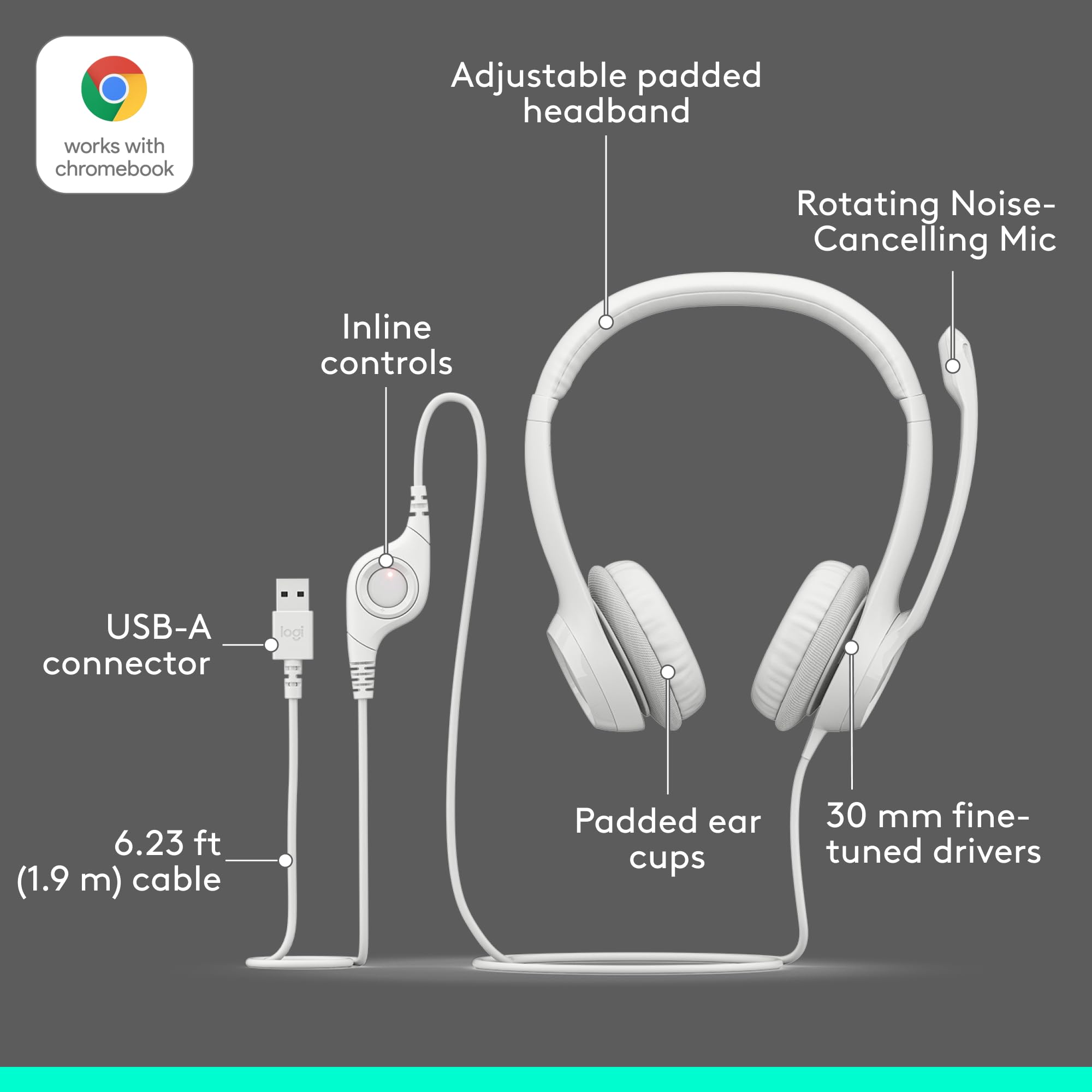 Logitech H390 Wired USB Headset with Noise-Cancelling Mic for PC, Chromebook, Laptop - Stereo Sound, In-line Controls, 1.9m Cable 15