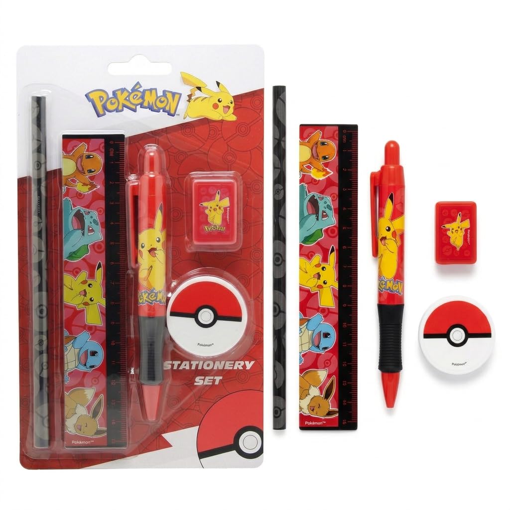 HOX Pokémon Stationery Set - Pikachu Pen, Pencil, Ruler, Sharpener, Eraser | Blue Ink | Kids