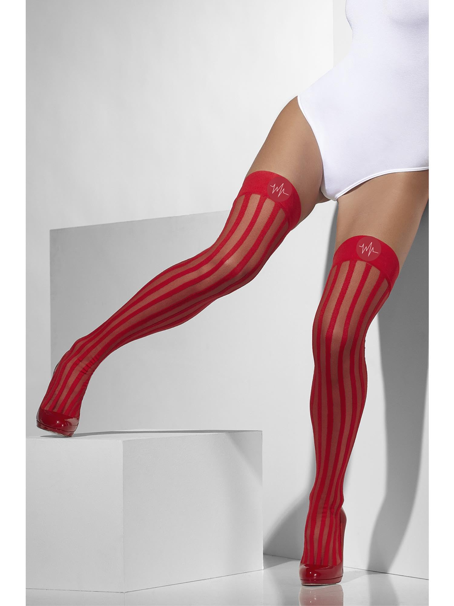 Smiffys Red Sheer Hold-Ups with Vertical Stripes and Cross Print, Fever Hosiery Fancy Dress Accessory
