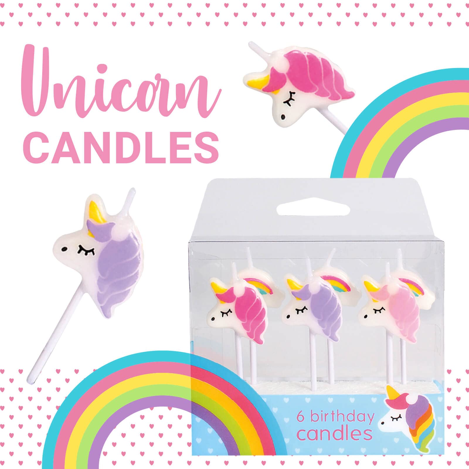 Culpitt Baked with Love Unicorn Birthday Candles - Pack of 6 Pink & Purple Unicorns with Rainbows