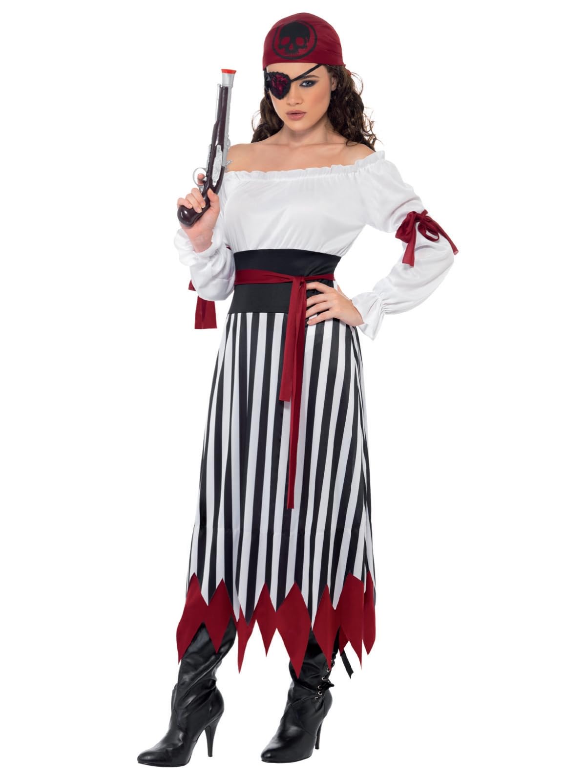 Smiffys Pirate Lady Costume - Black & White Dress with Arm Ties, Belt & Headpiece, Size M (UK 12-14)