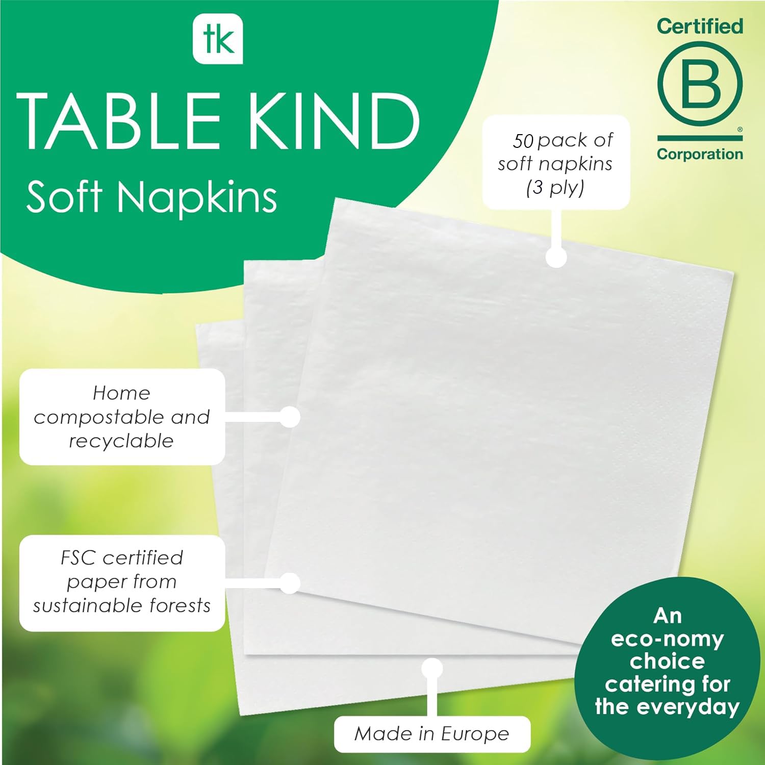 Talking Tables Table Kind 50 x Soft White 3-Ply Napkins, 33cm Eco-Friendly Compostable Serviettes 12