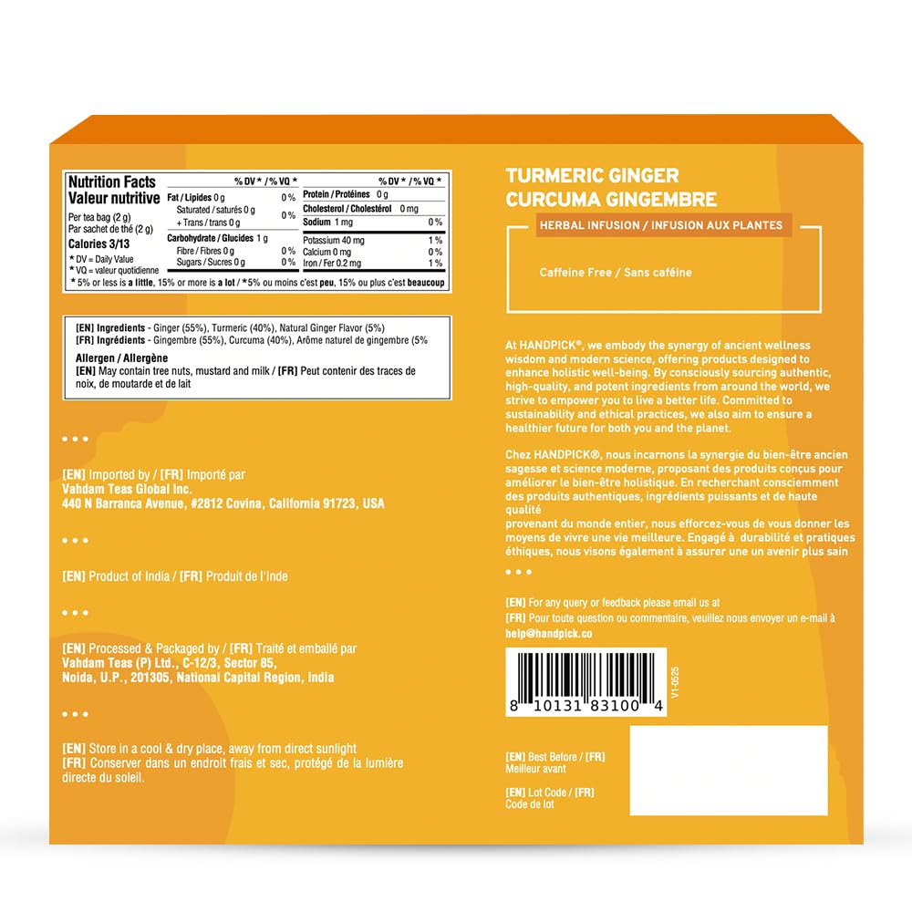 HANDPICK - Turmeric Ginger Tea Bags (100 Herbal Tea Bags) Caffeine Free, Non-GMO, Eco-Conscious Packaging 4