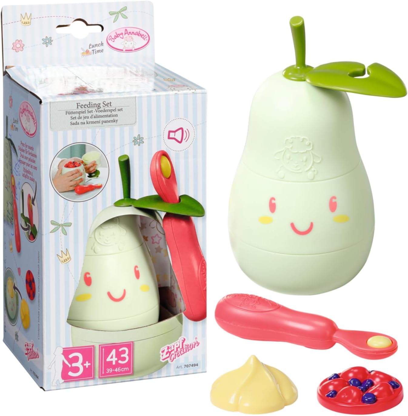 Baby Annabell Lunch Time Feeding Set 707494 - Pear-Shaped Lunch Box with Sound Effects for 3+ Years
