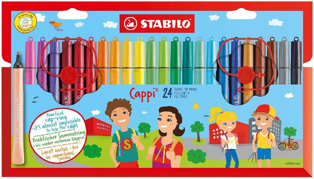 STABILO Cappi Fibre-Tip Pen with Cap-Ring - Pack of 24 Assorted Colours