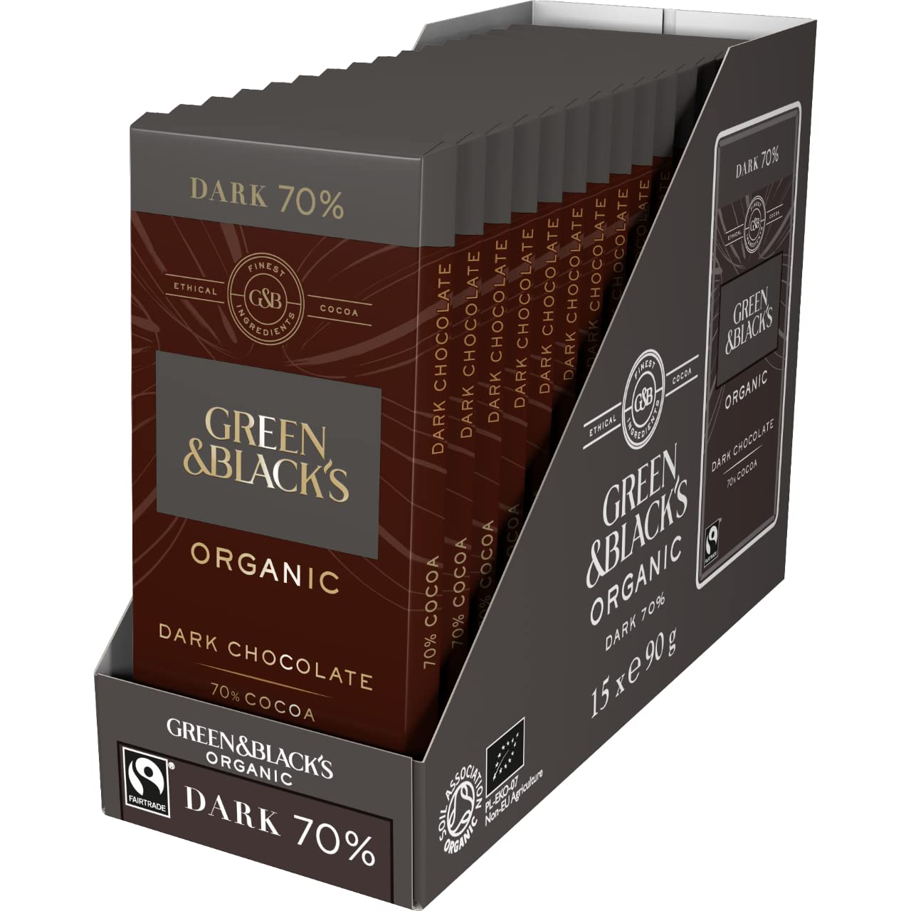 Green & Black's Organic 70% Dark Chocolate Bar, Rich & Intense, 90g (Pack of 15)
